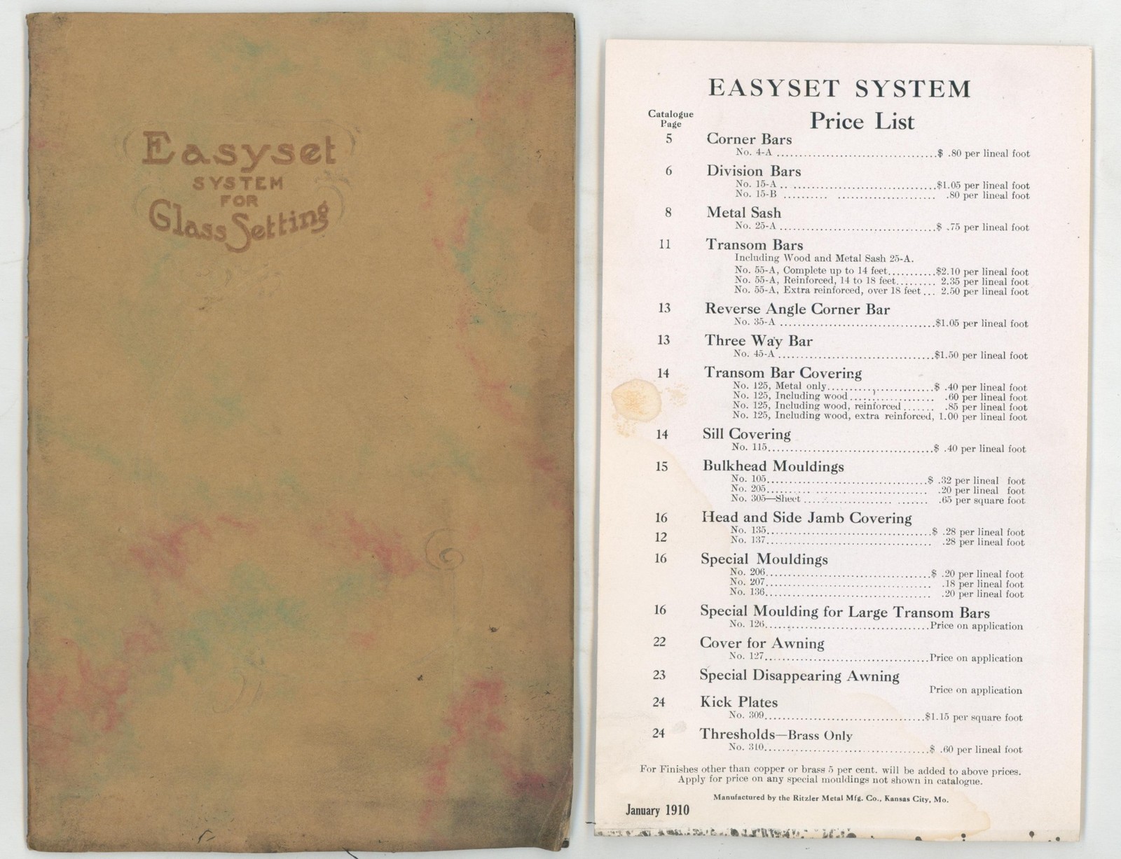 1910 Easyset Glass Setting Trade Catalog Price List Kansas City MO Color Plates