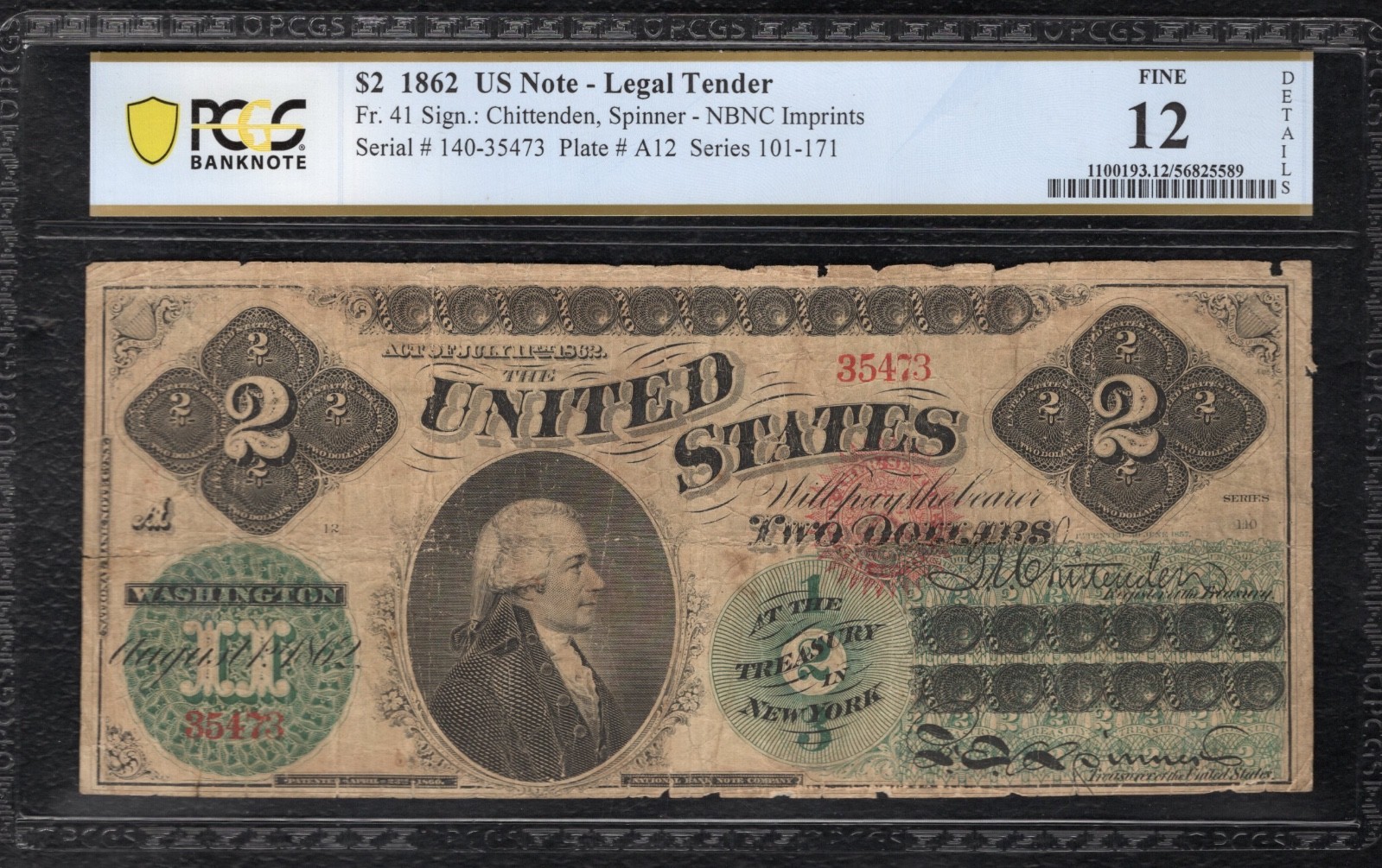 FR. 41 1862 $2 TWO DOLLARS LEGAL TENDER UNITED STATES NOTE PCGS BANKNOTE FINE-12