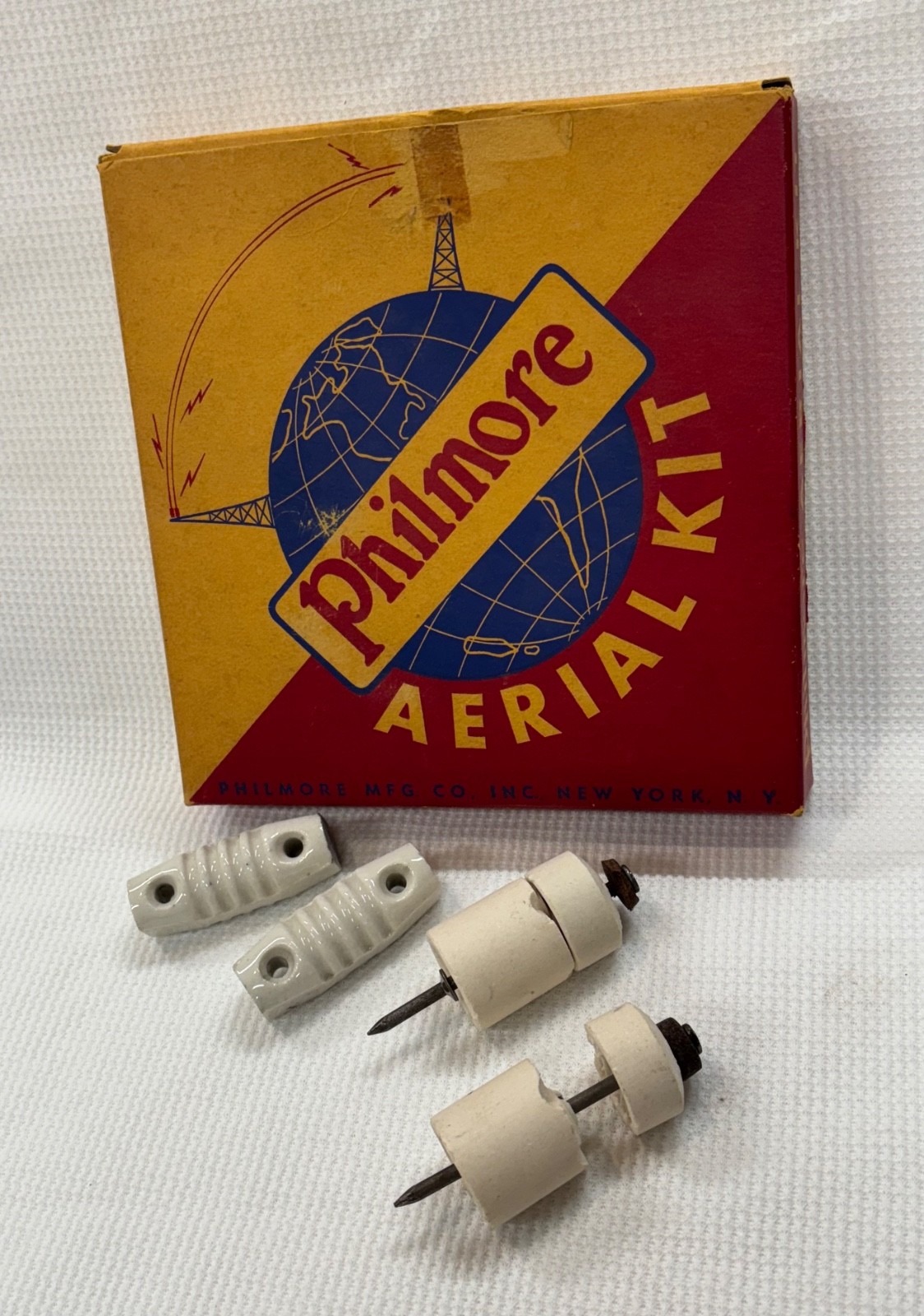 Antique Federal Jr. Crystal Radio, Earphones, Philmore Aerial Kit, Cats Whisker