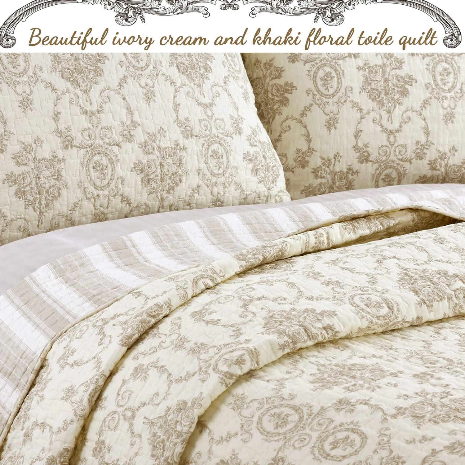 FRENCH IVORY MEDALLION 3p King QUILT SET: COZY COTTON TOILE STRIPE SHABBY FLORAL