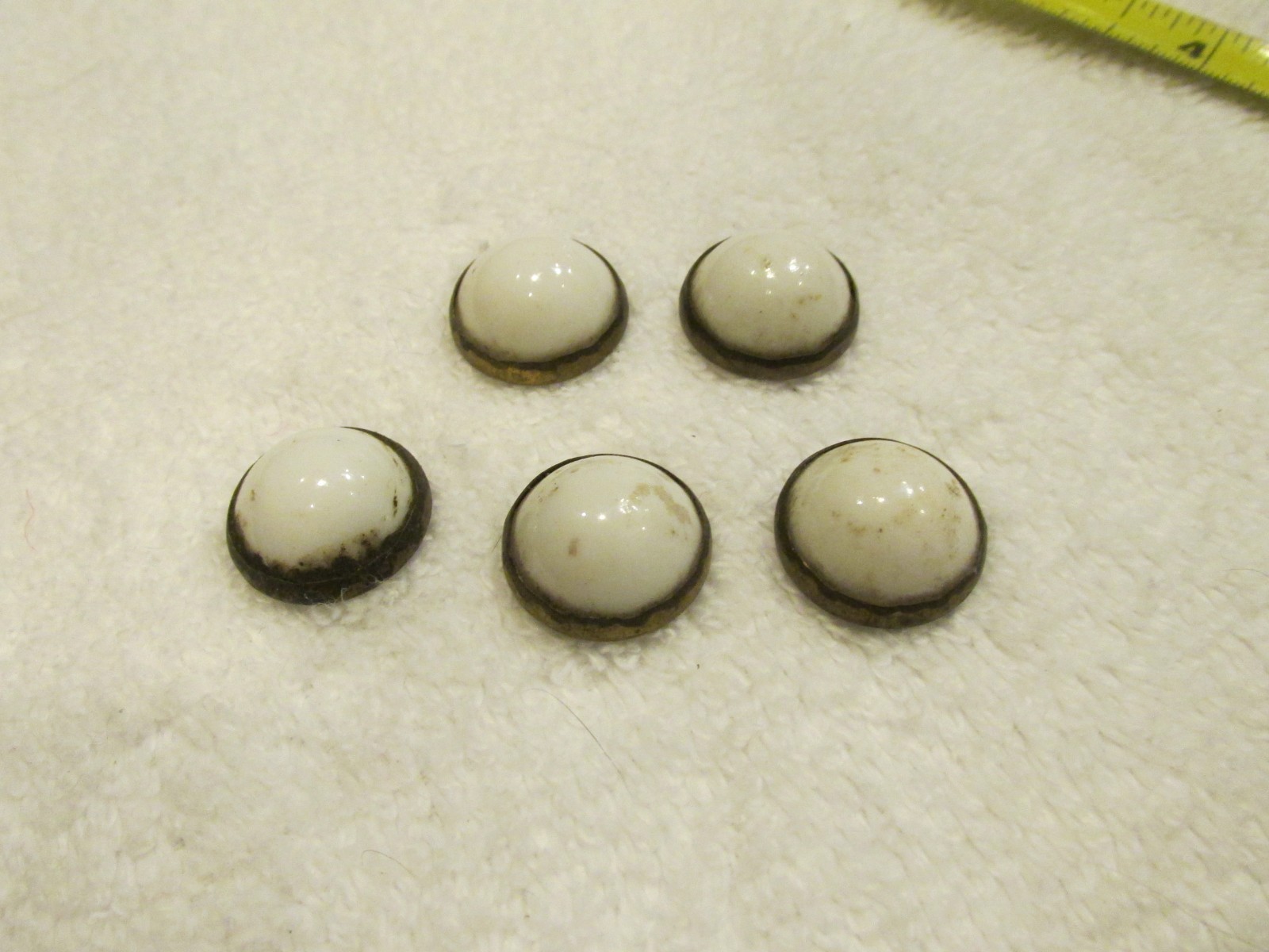 Antique Lot 5 White Porcelain Brass Nail Screw Cover Cap Parts Vintage 3/4"