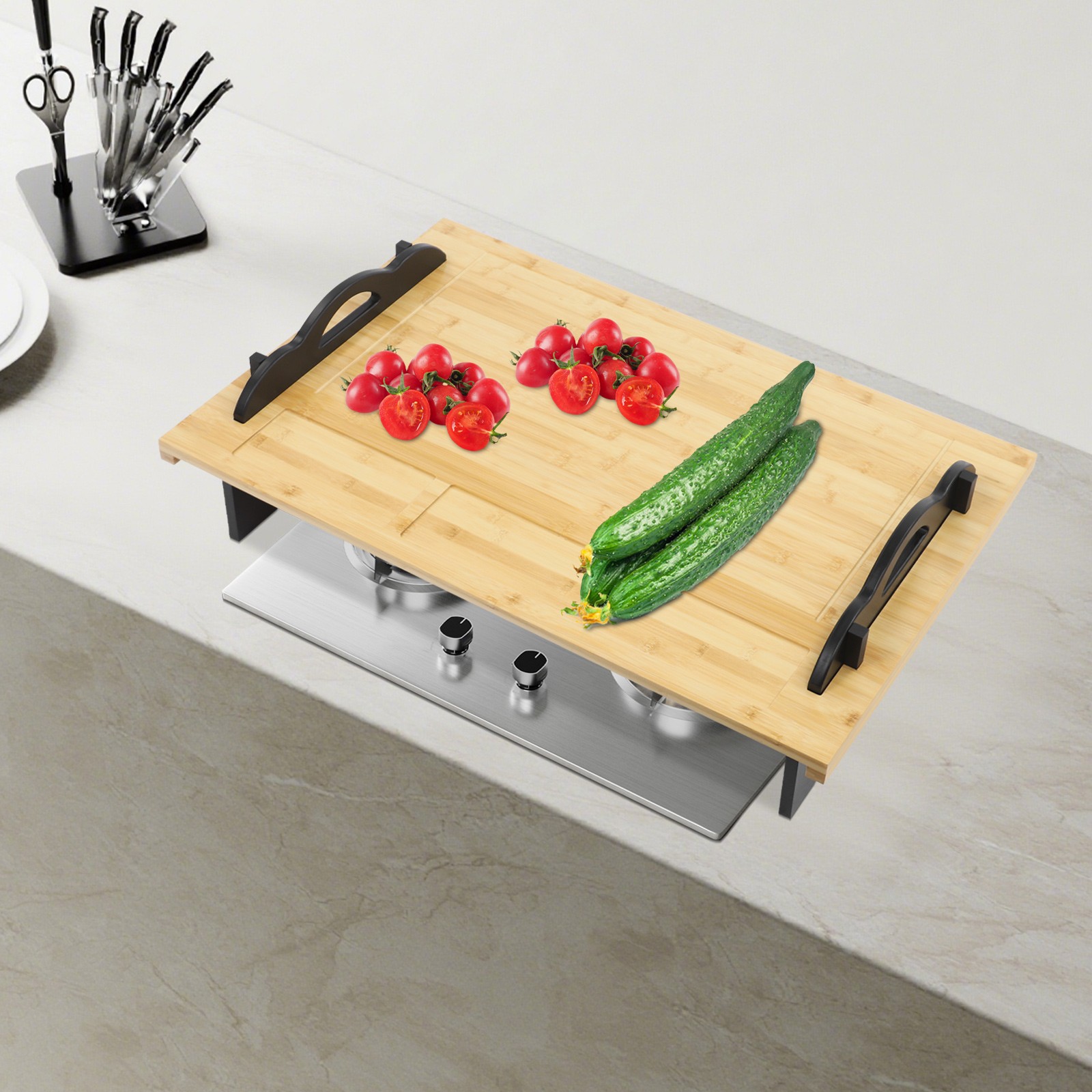 Stove Top Cover Board with Handles for Gas & Electric Stoves Wood Color New