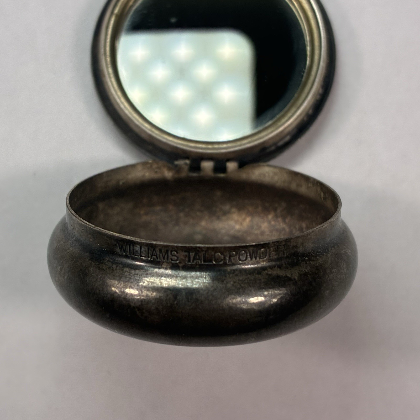 Antique Williams Talc Co Miniature Mirrored Powder Box w/Puff Silver Plate Vtg