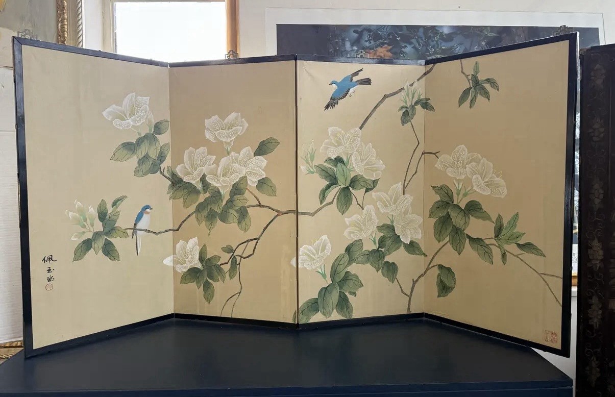 Magnificent Asian Hand Painted Magnolia & Bird Signed Four Panel Folding Screen