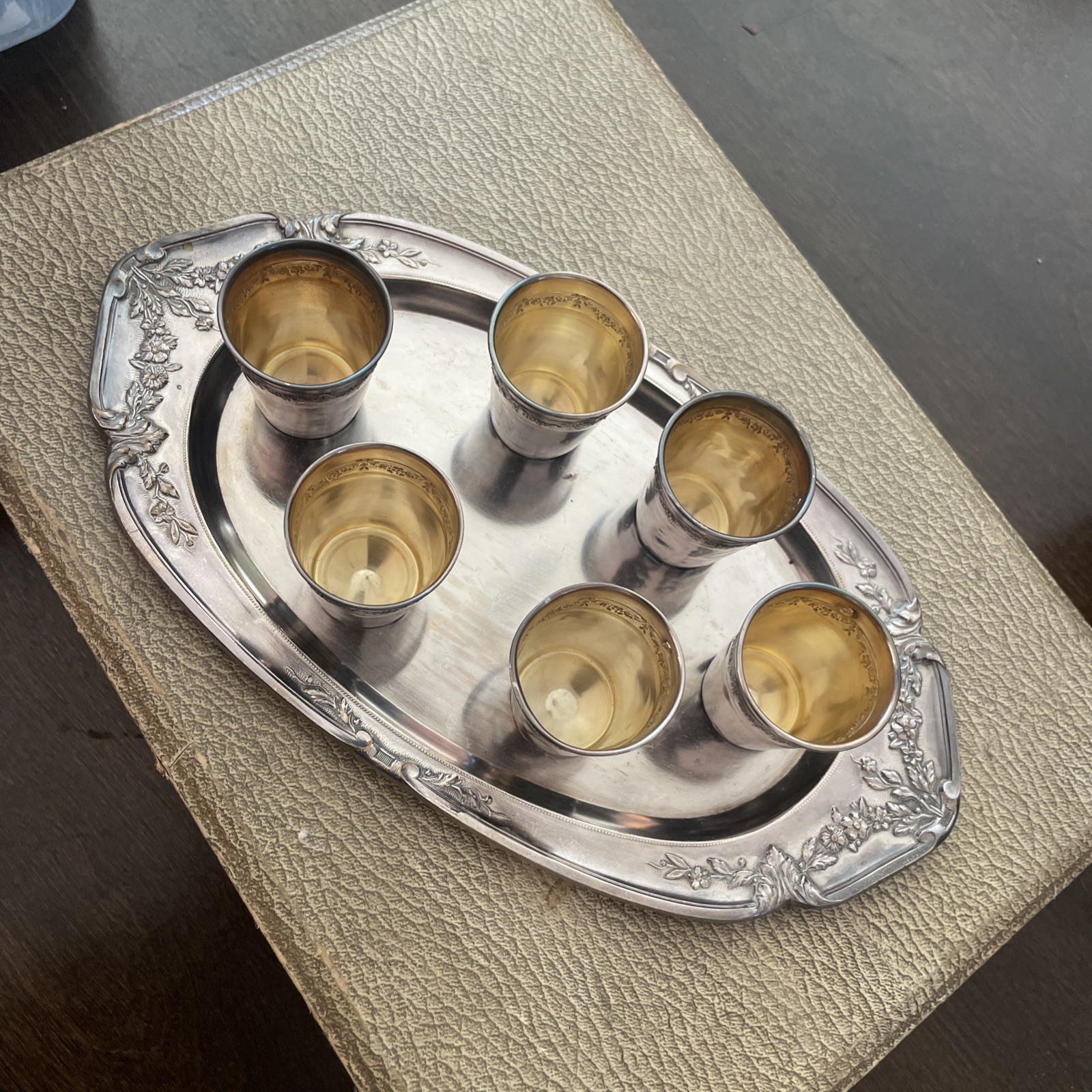 6pc Antique French Solid Silver Cordial Shot Cup Set & Tray In Case 1890s