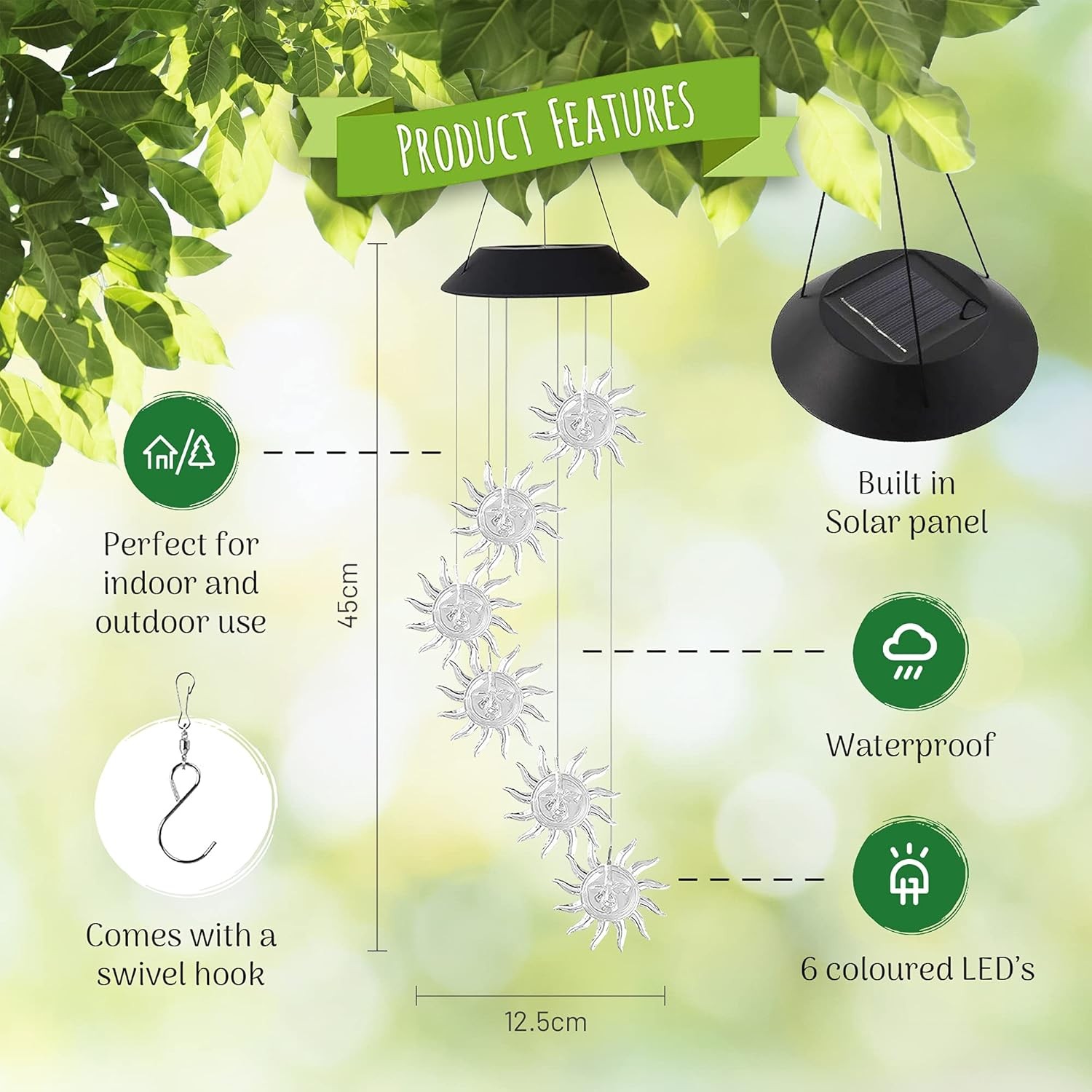 LED Sun Wind Chime Solar Powered Lights Color-Changing Yard Garden Decor 1Pack