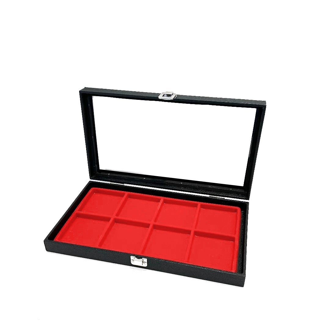 Belt Buckles Black Glass Top Lid Red 8 Space Liner Collectors Hobby Display Case