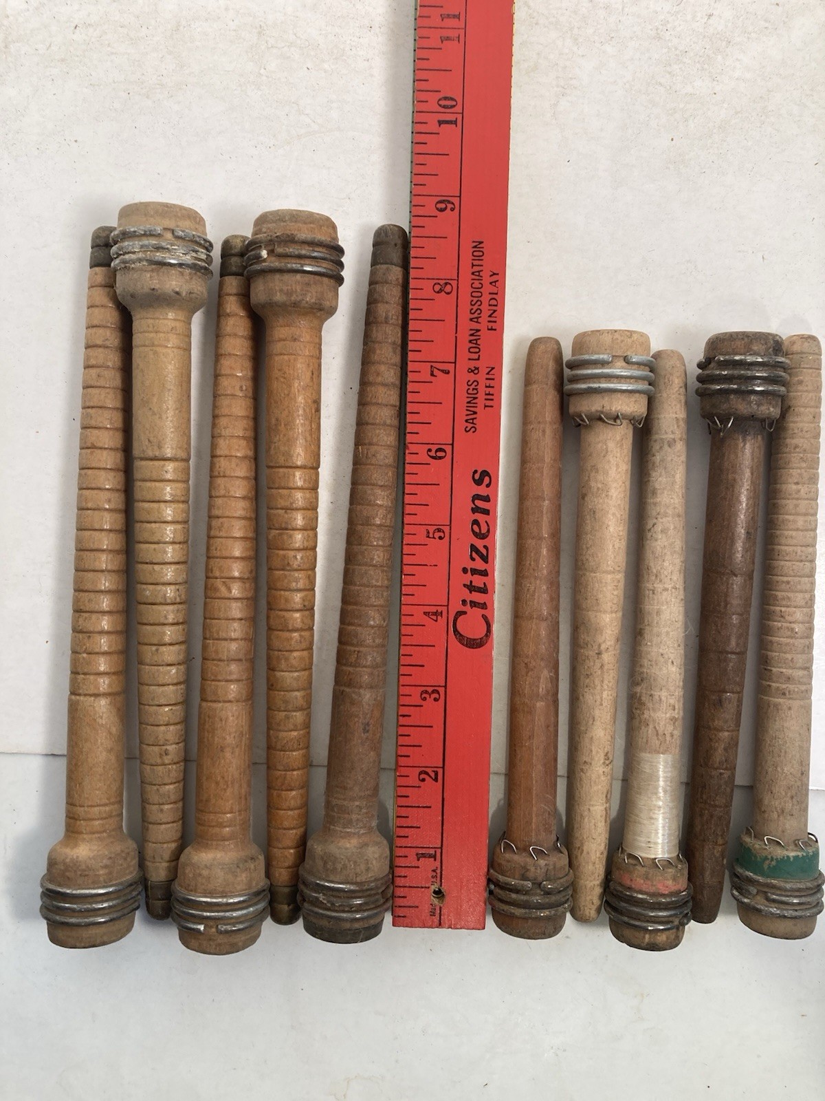 Wood Bobbins Quills Vintage Factory Reclaimed, 8 3/4 and 7 3/8", lot of 10