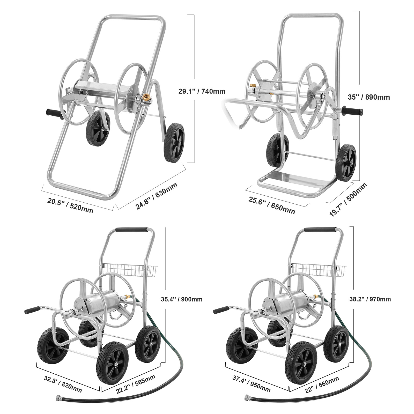 VEVOR Hose Reel Cart 175/200/250/300ft Heavy Duty 2/4 Wheels Garden Water Yard