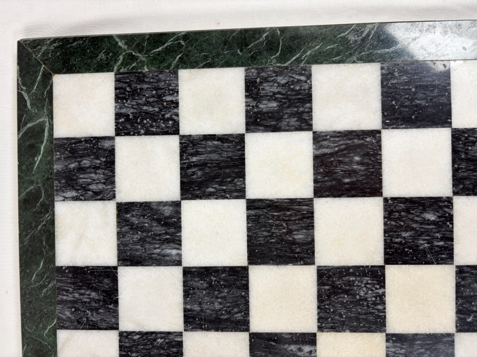 Marble Chess Board Black White With Green Border Stone 15 Inch Vintage Used