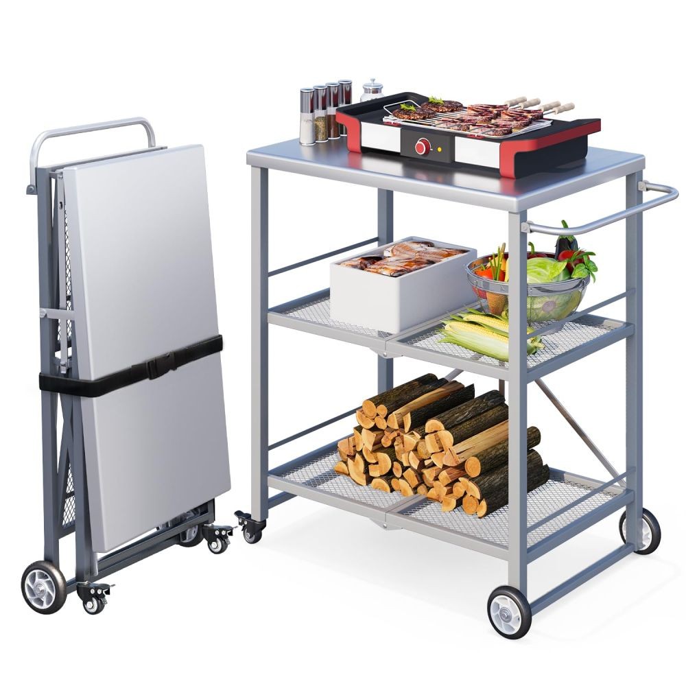 Outdoor Grill Cart Patio Grill Table Portable Rolling Cart Folding Prep Table