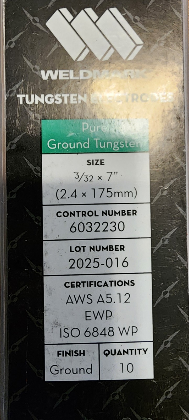 47 Sticks Weldmark 3/32" X 7" Pure Ground Tungsten Electrode, 10 Per Package