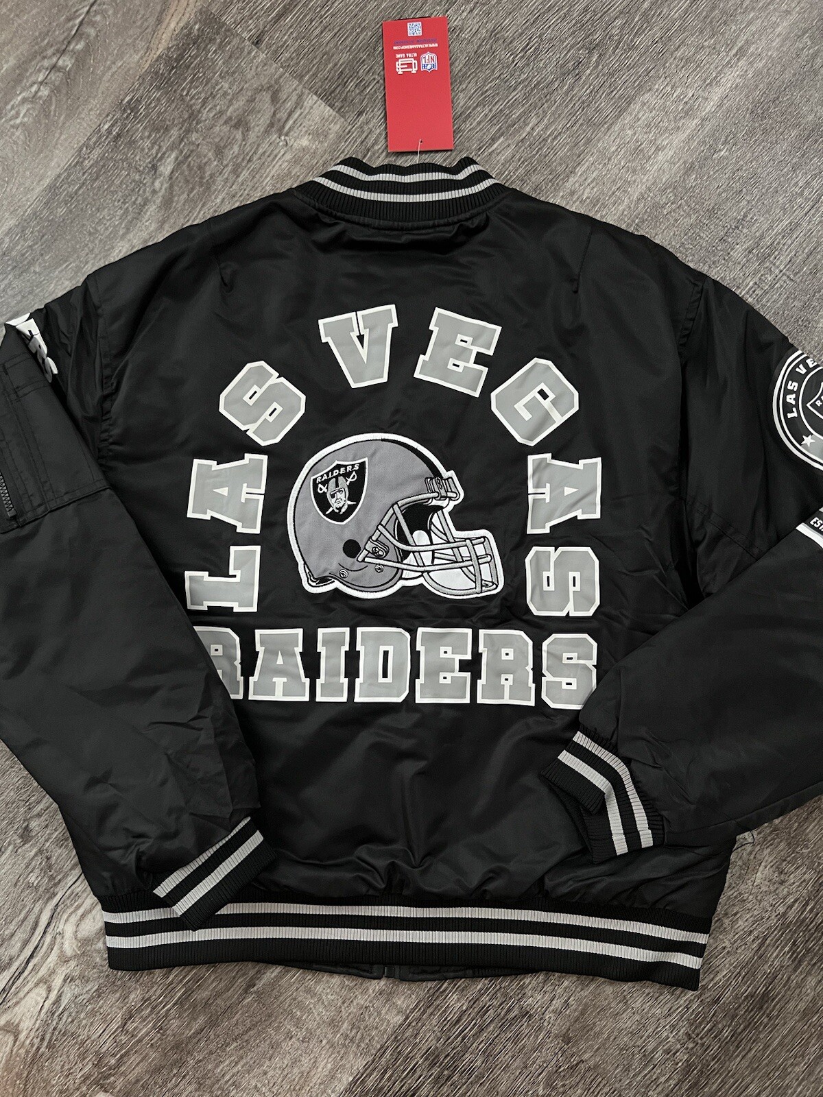 NFL Las Vegas Raider Bomber Varsity Jacket Letterman Black Grey Men sz M