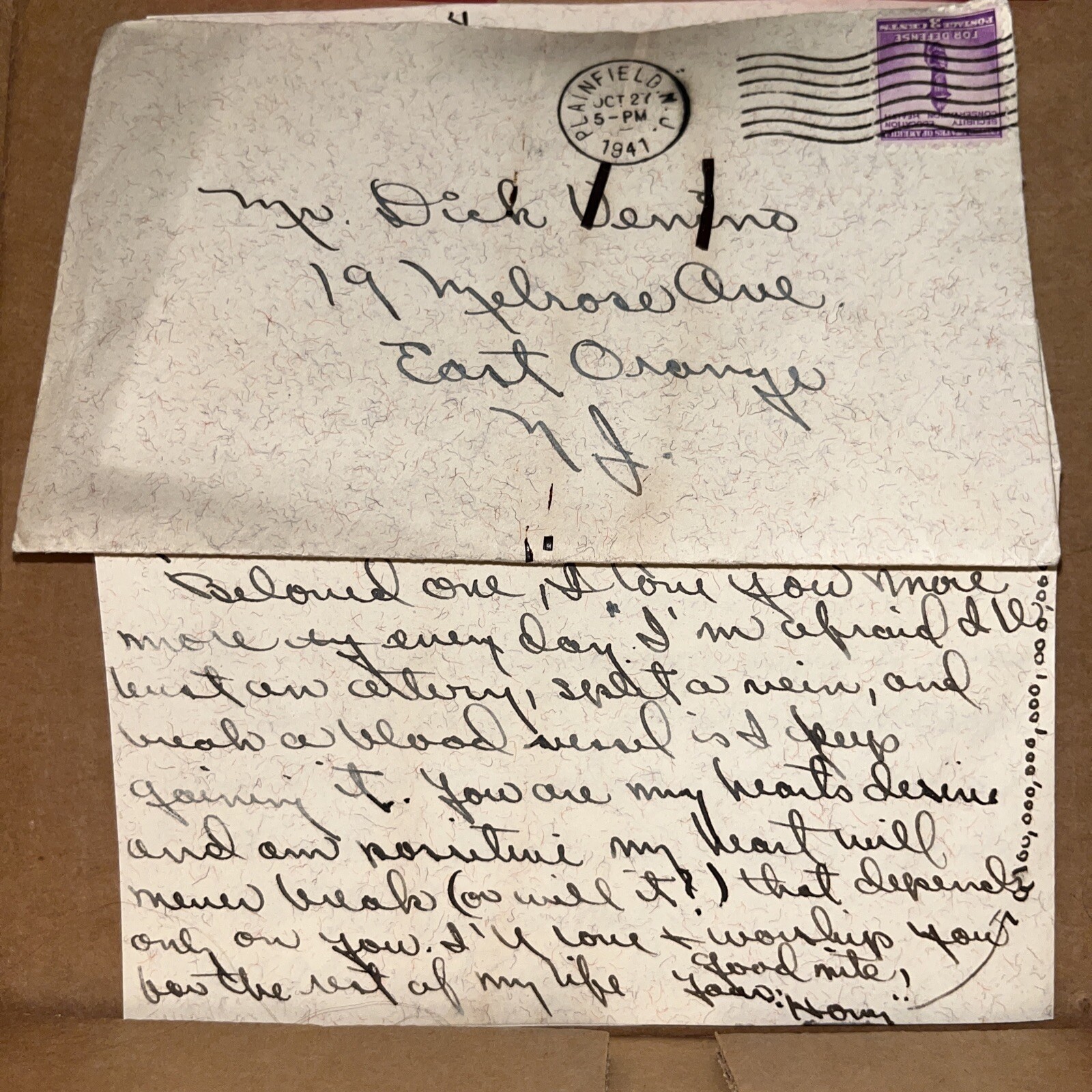 1941 “Gold Digger” Love Letter Post Great Depression: New Jersey Golddigger