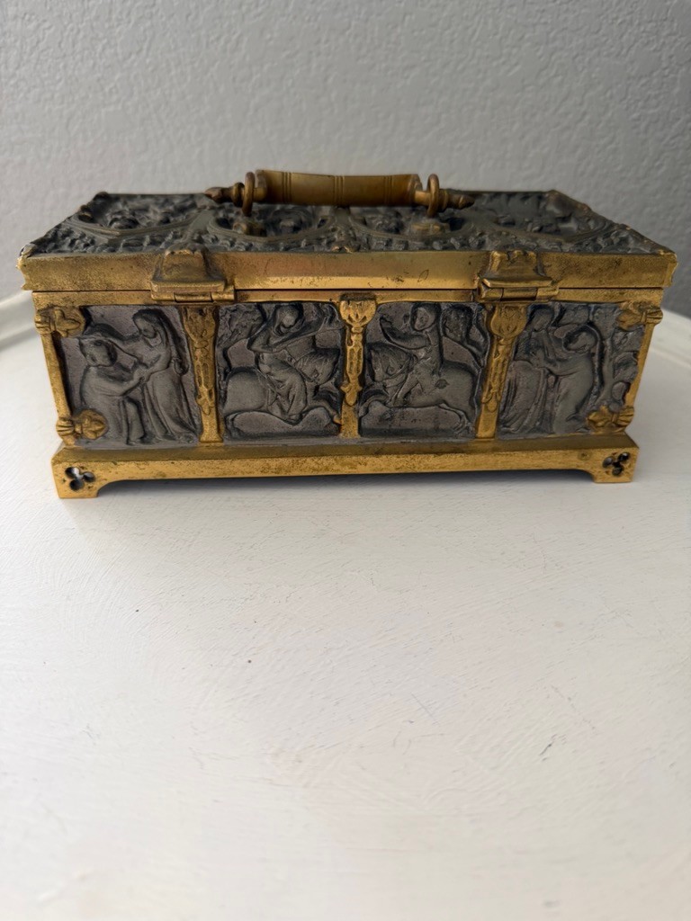 German Gothic Revival Silvered & Gilt Bronze Casket – Medieval Figural Relief –