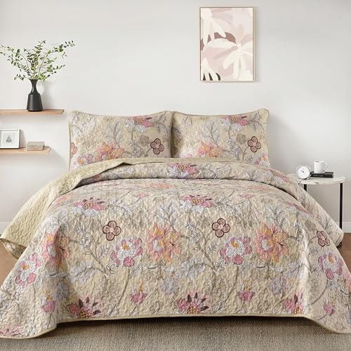 Floral Quilt Set Size Botanical Bedspread Bedding Sets Soft Queen Khaki