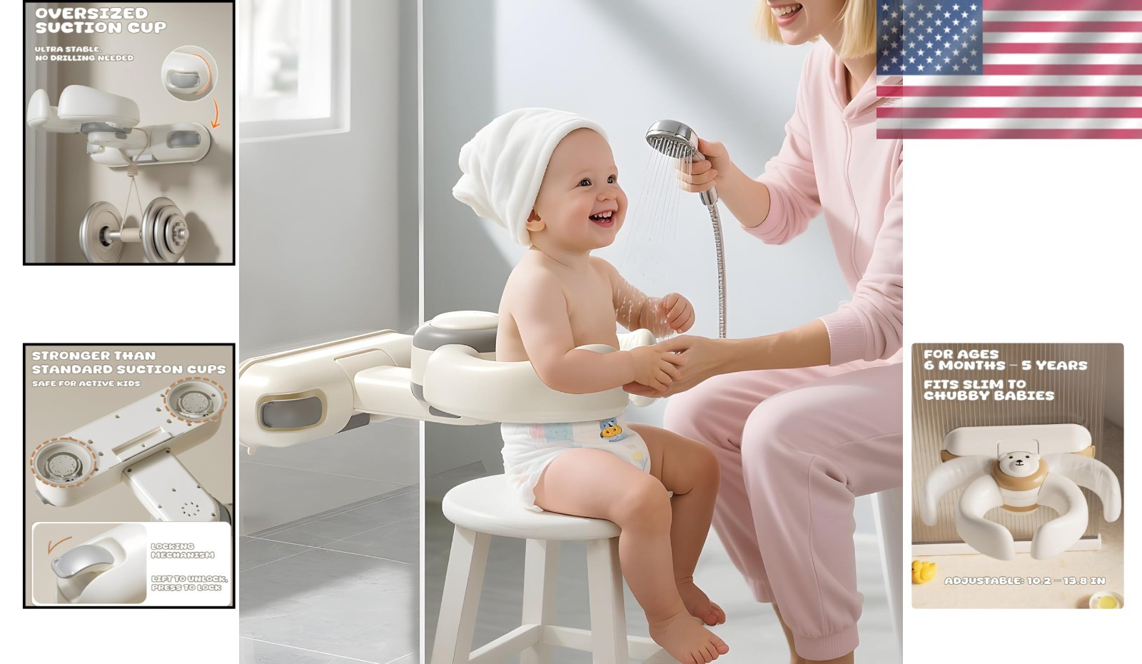 Foldable Baby Shower Support Seat with Strong Suction for Infants 6+