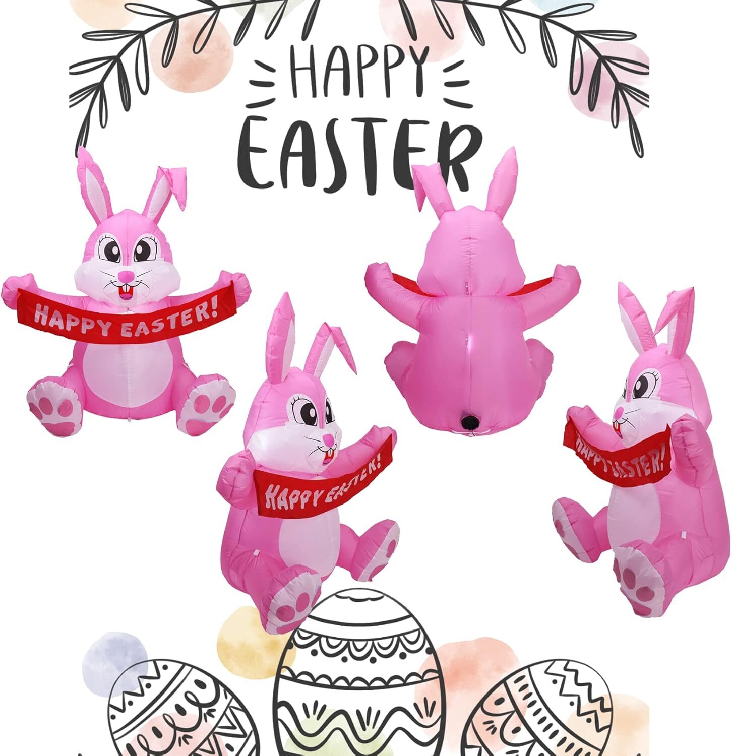 5 FT Easter Pink Bunny Inflatable Lighted Yard Decorations LED Blow up Rabbit