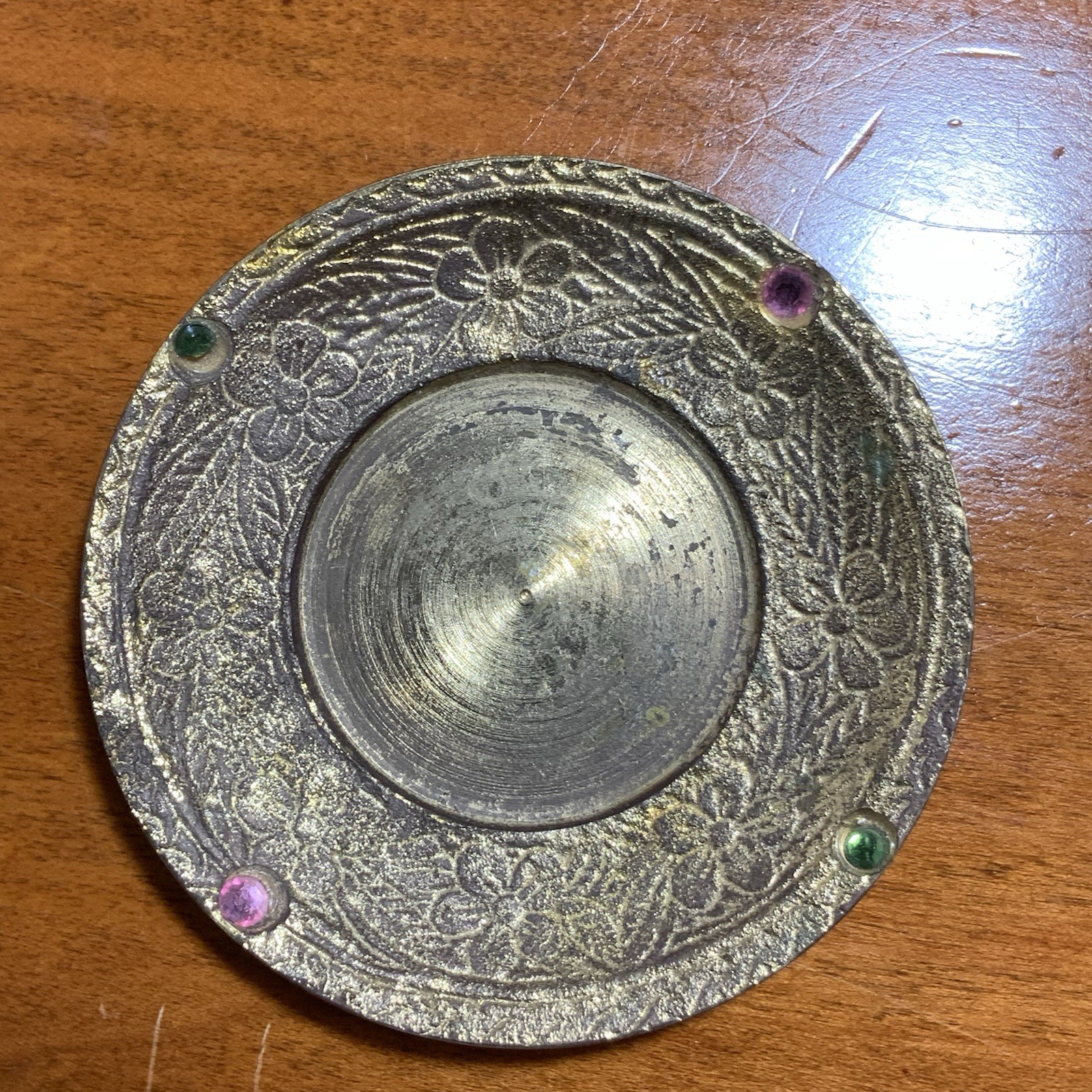 Vintage India Brass Mini Ewer Jeweled Saucer Broken Lid Middle Eastern Decor