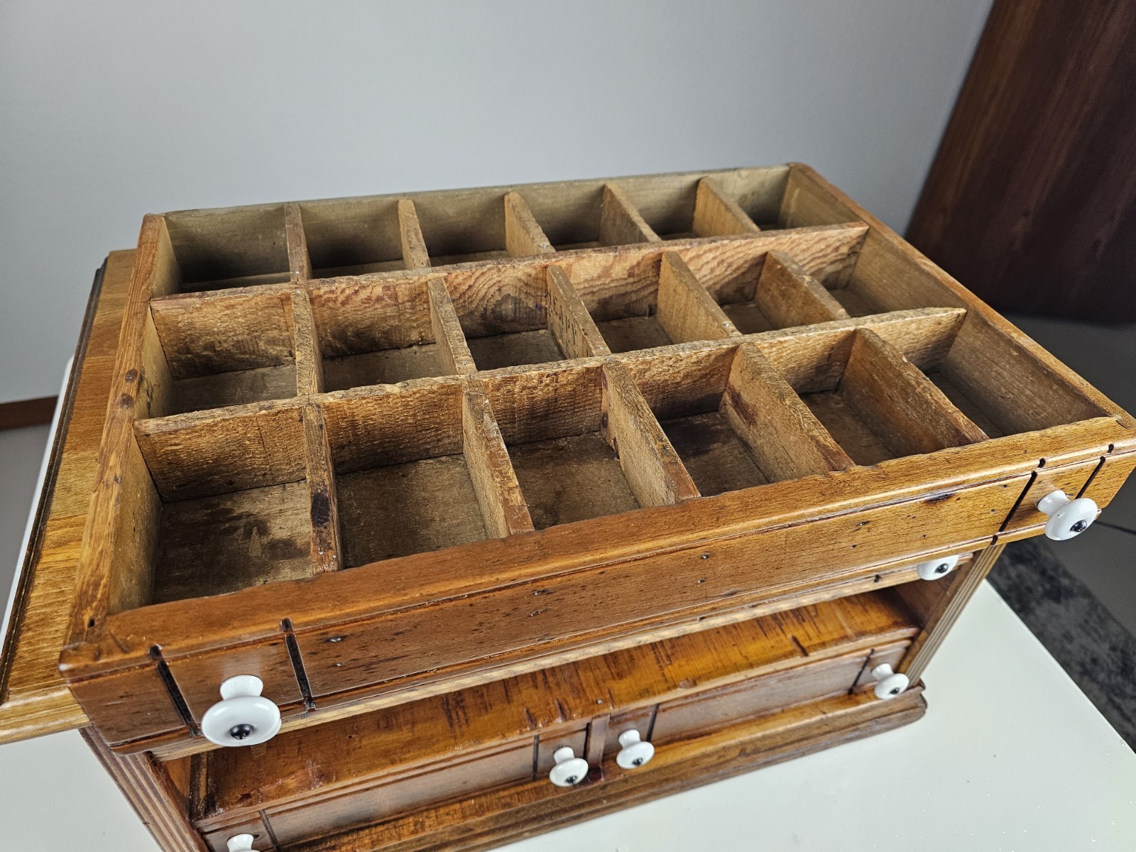Vintage Wooden Spool Cabinet Craft Sewing Box Organizer Drawers Rustic Storage