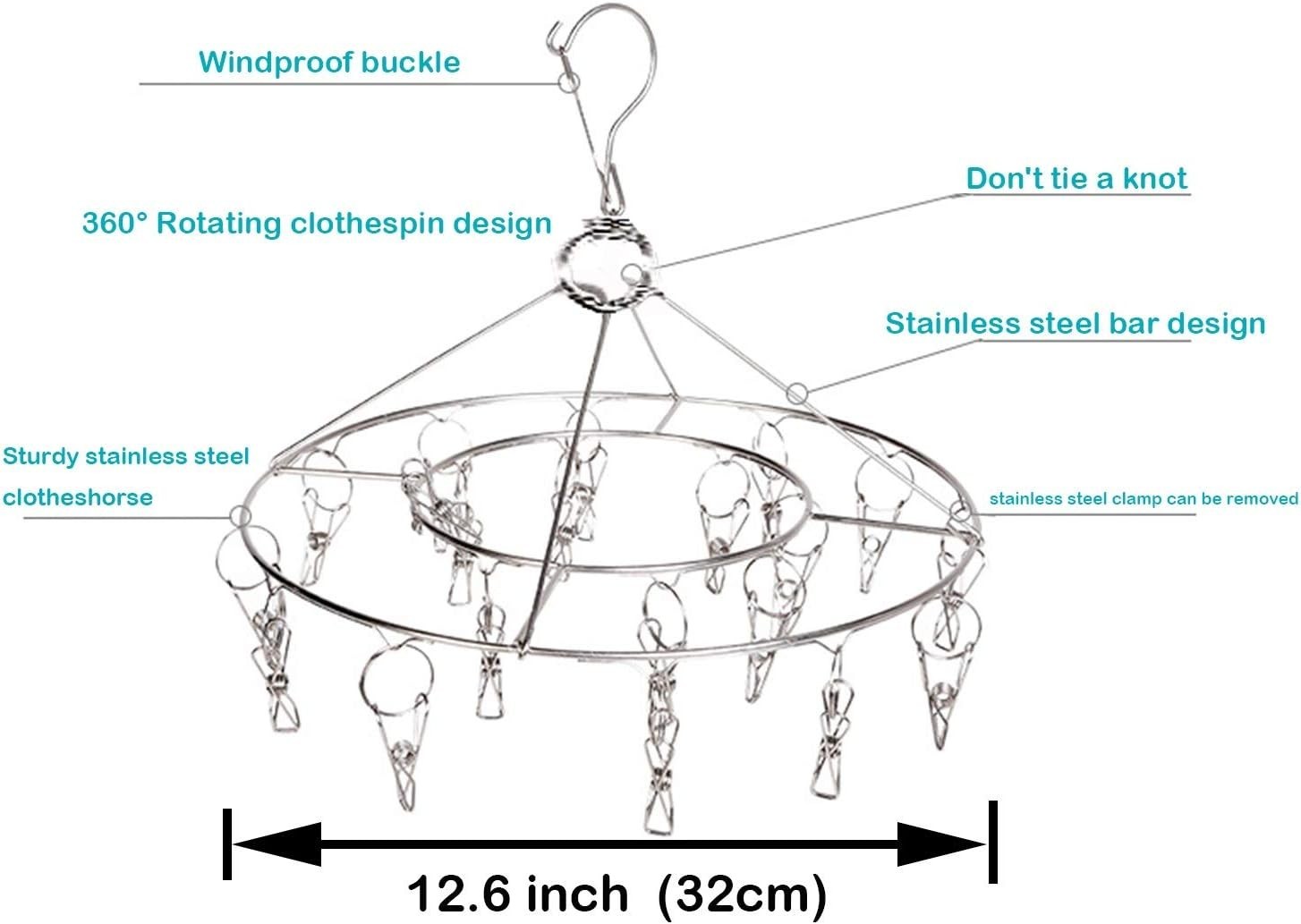 2 Pack Stainless Steel round Hanging Drying Rack with 20 Clips for Drying Socks,