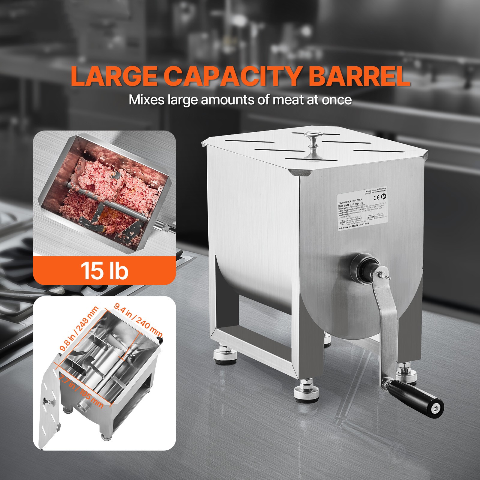 Manual Meat Mixer 15LB Fixed Tank Mixing Max Hand Meat Sausage Mixer Machine