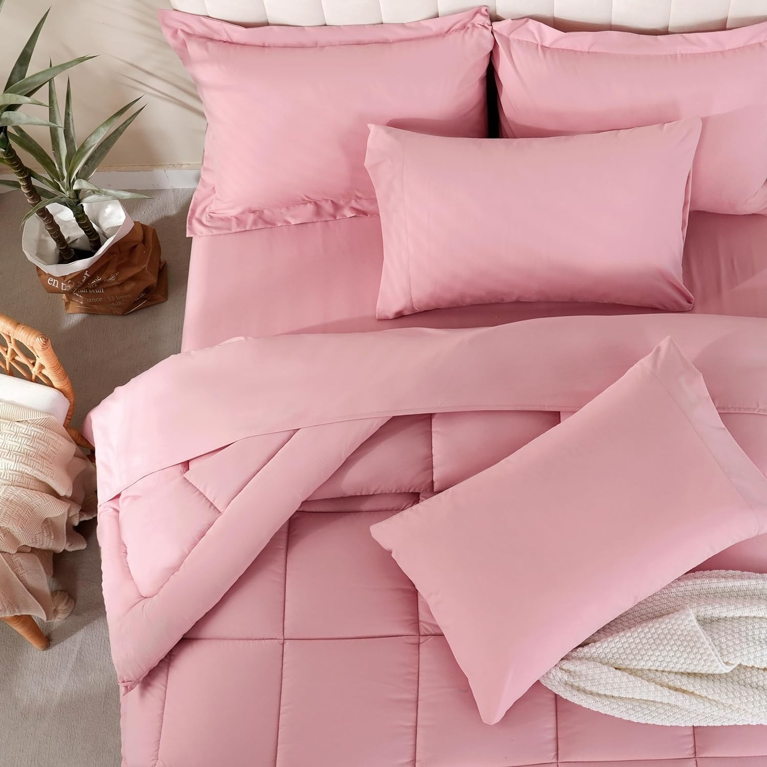 Full Size Comforter Sets, 7Pcs Full Size Bedding Sets Pink, All Season Down A...