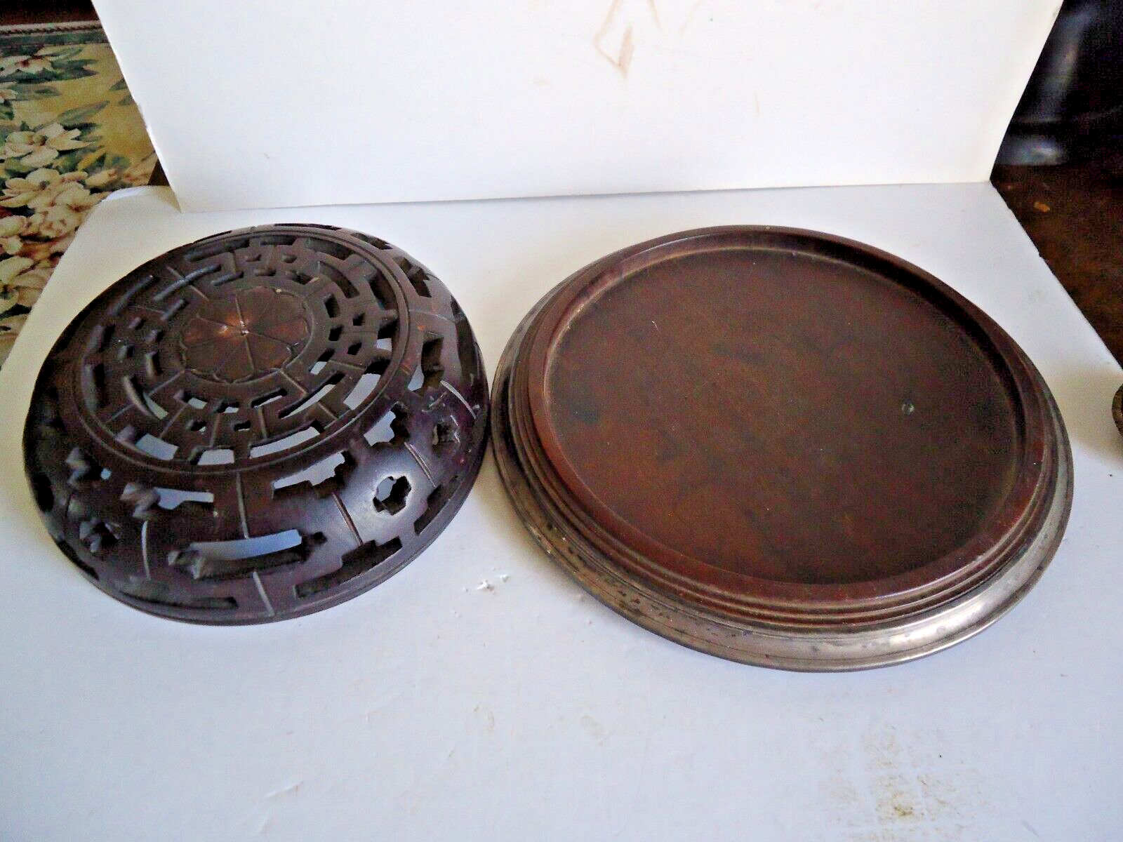 Antique Chinese or Japanese 2 pc Wood & Silver Incense Burner Censer 1800s