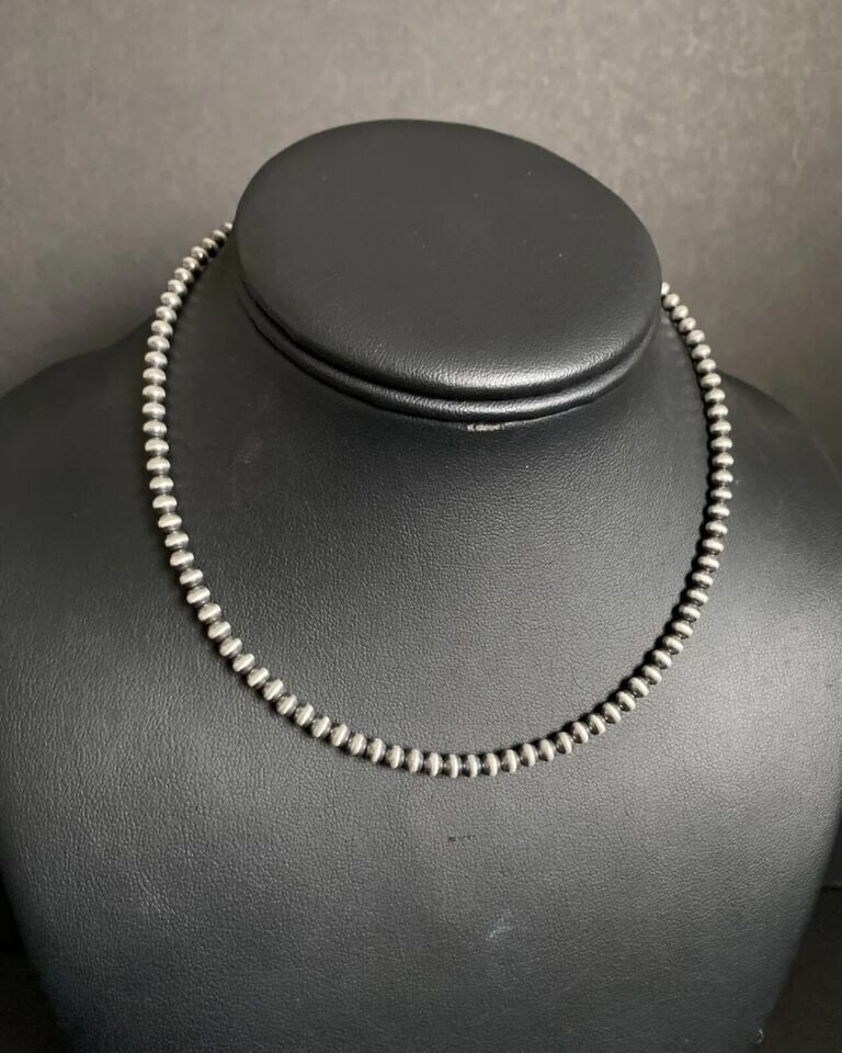 4mm 16 Inch 925 Sterling Silver Oxidized Pearls Bead Necklace Southwestern