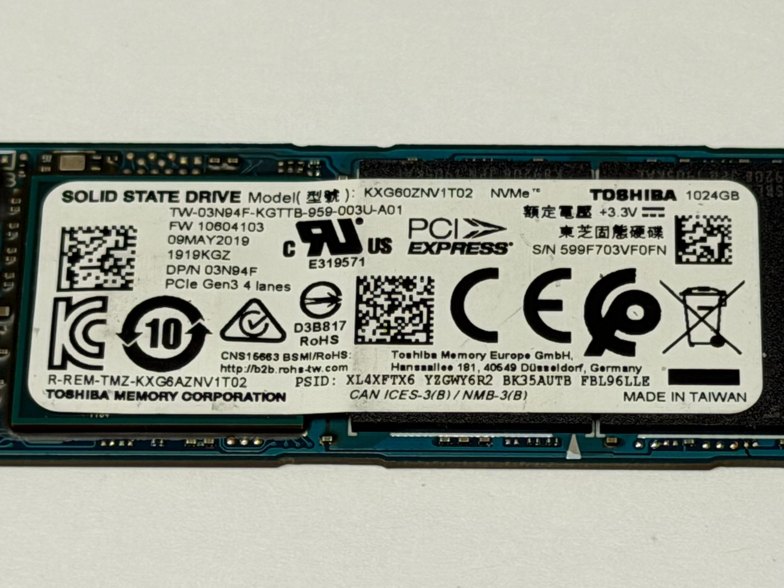 Toshiba 1TB M.2 2280 NVMe Solid State Drive KXG60ZNV1T02 1024GB Dell 3N94F