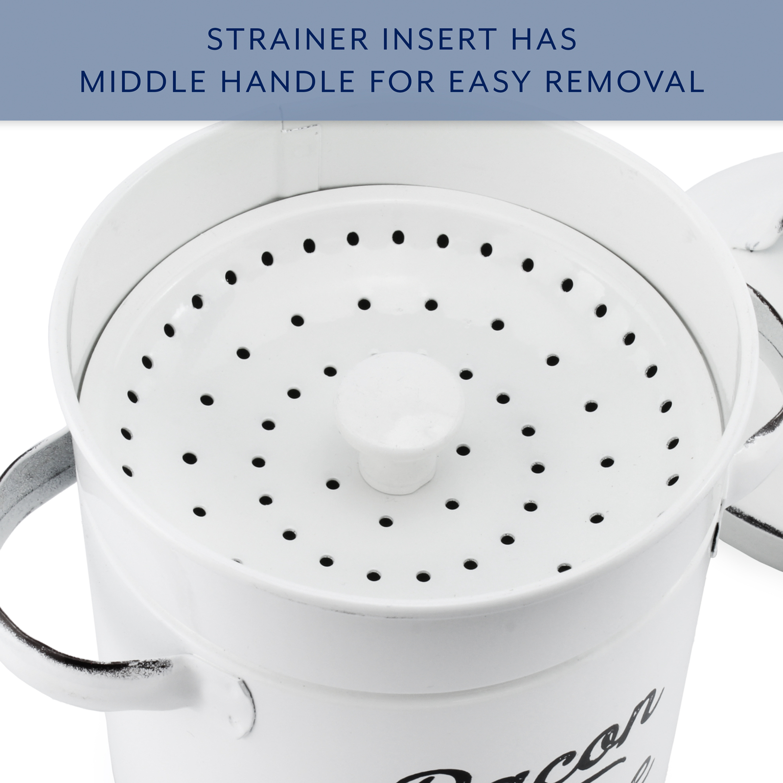 White Enamel Grease Bacon Grease Container w/Strainer Farmhouse, Keto-Friendly