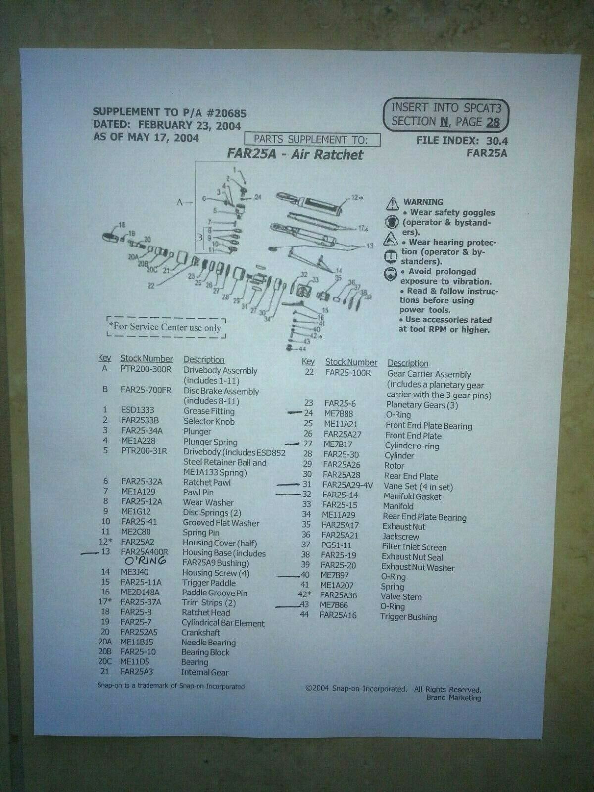 SNAP ON FAR25 1/4" DRIVE RATCHET TUNE UP KIT 4-VANE KIT, GASKET KIT, O'RING KIT