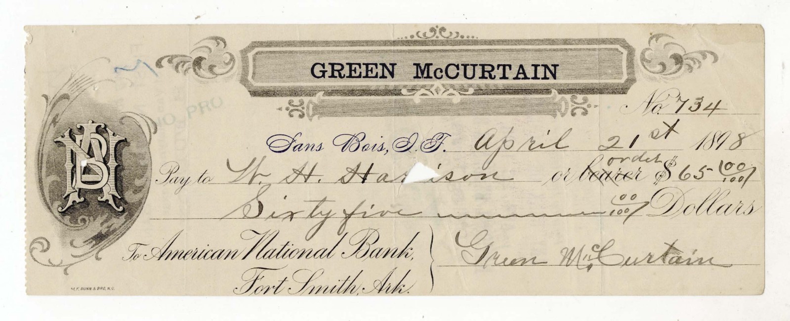 1898 CHECK-  SANS BOIS INDIAN TERRITORY GREEN McCURTAIN CHIEF CHOCTAW NATION
