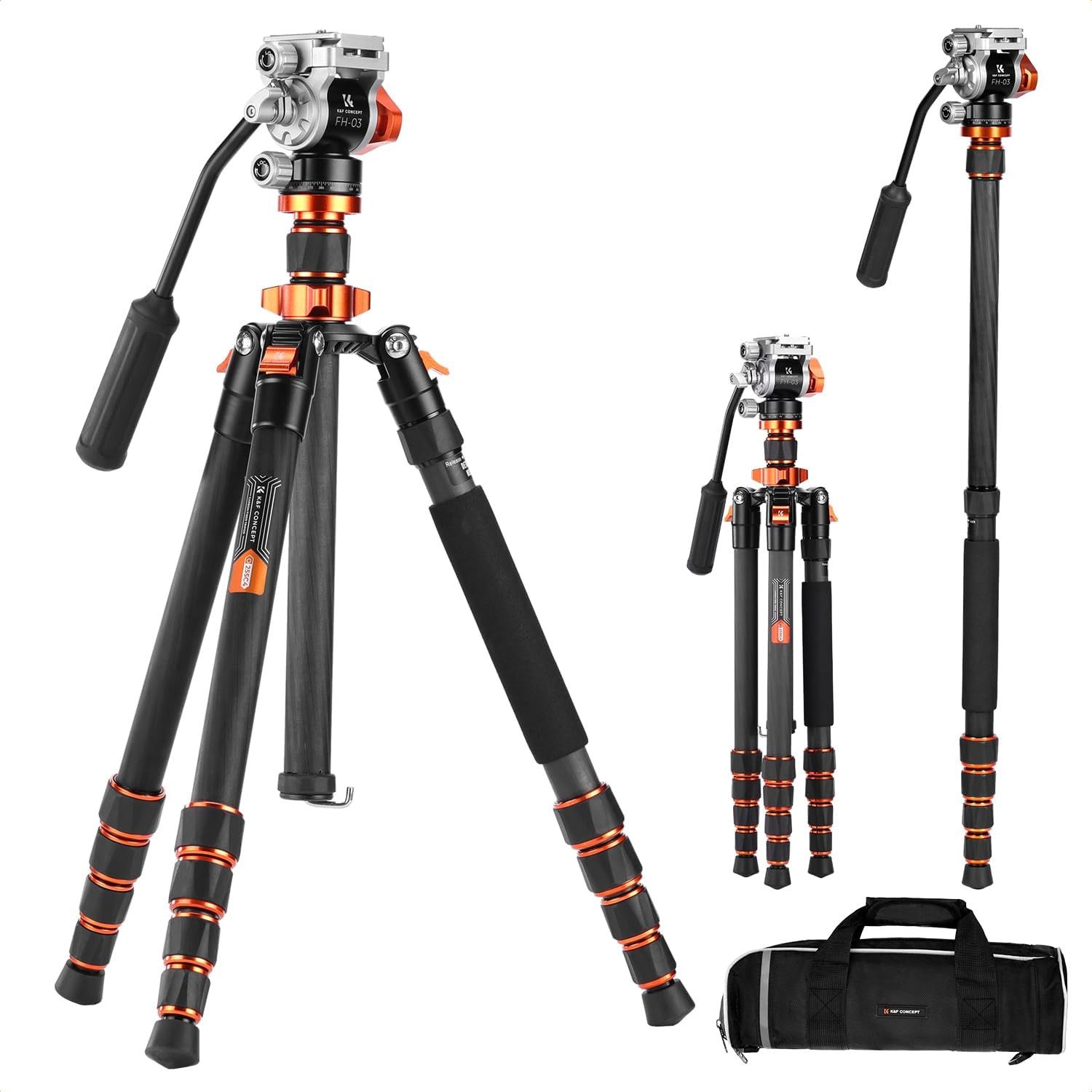 K&F Concept 67" Carbon Fiber Tripod Video Tripod w/ Fluid Head Load Capacity 8kg