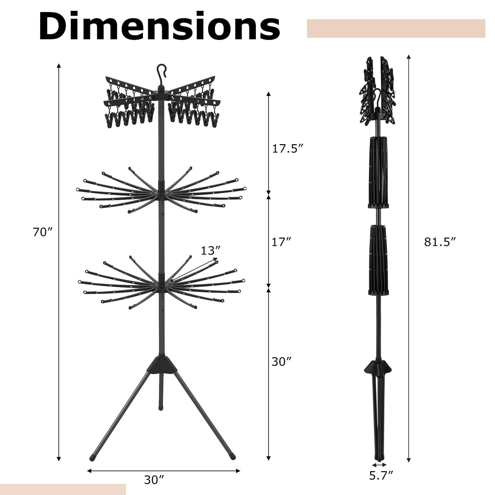 70" Folding Freestanding Tripod Laundry Drying Rack w/ 24 Clips & 32 Rods