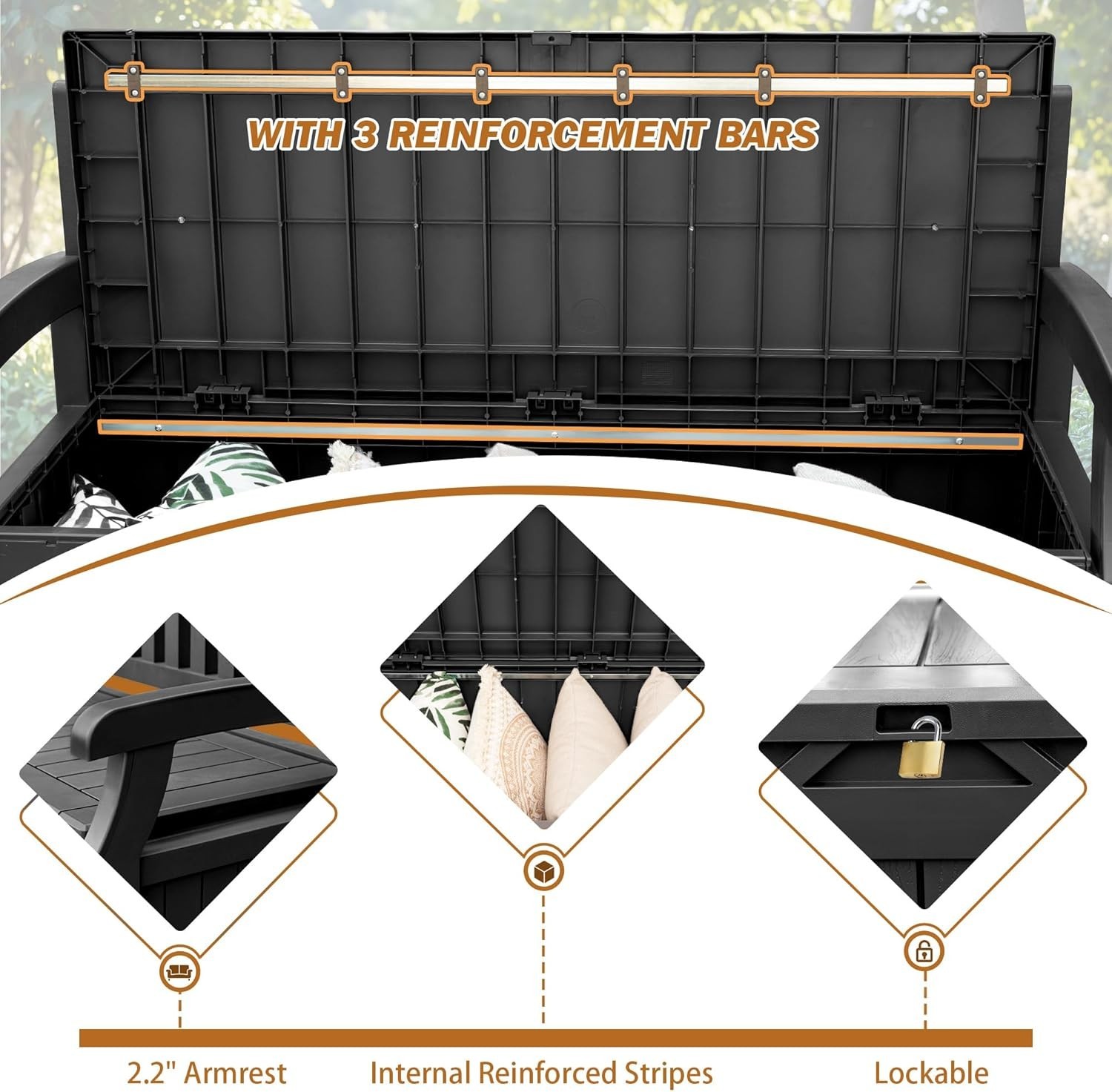 80 Gallon Lockable Storage Bench Outdoor Patio Furniture Garden Tool Box Black