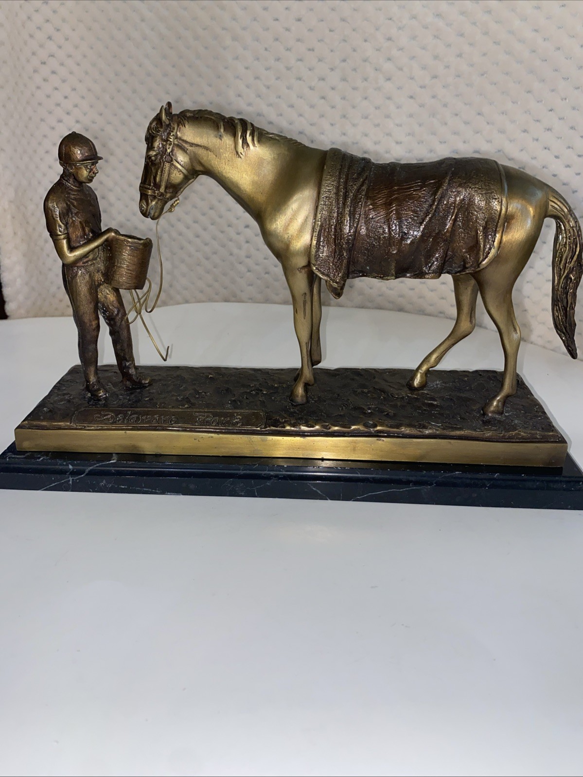 Delaware Park Bronze Sculpture Feeding Horse with Jockey on Marble Base Vintage
