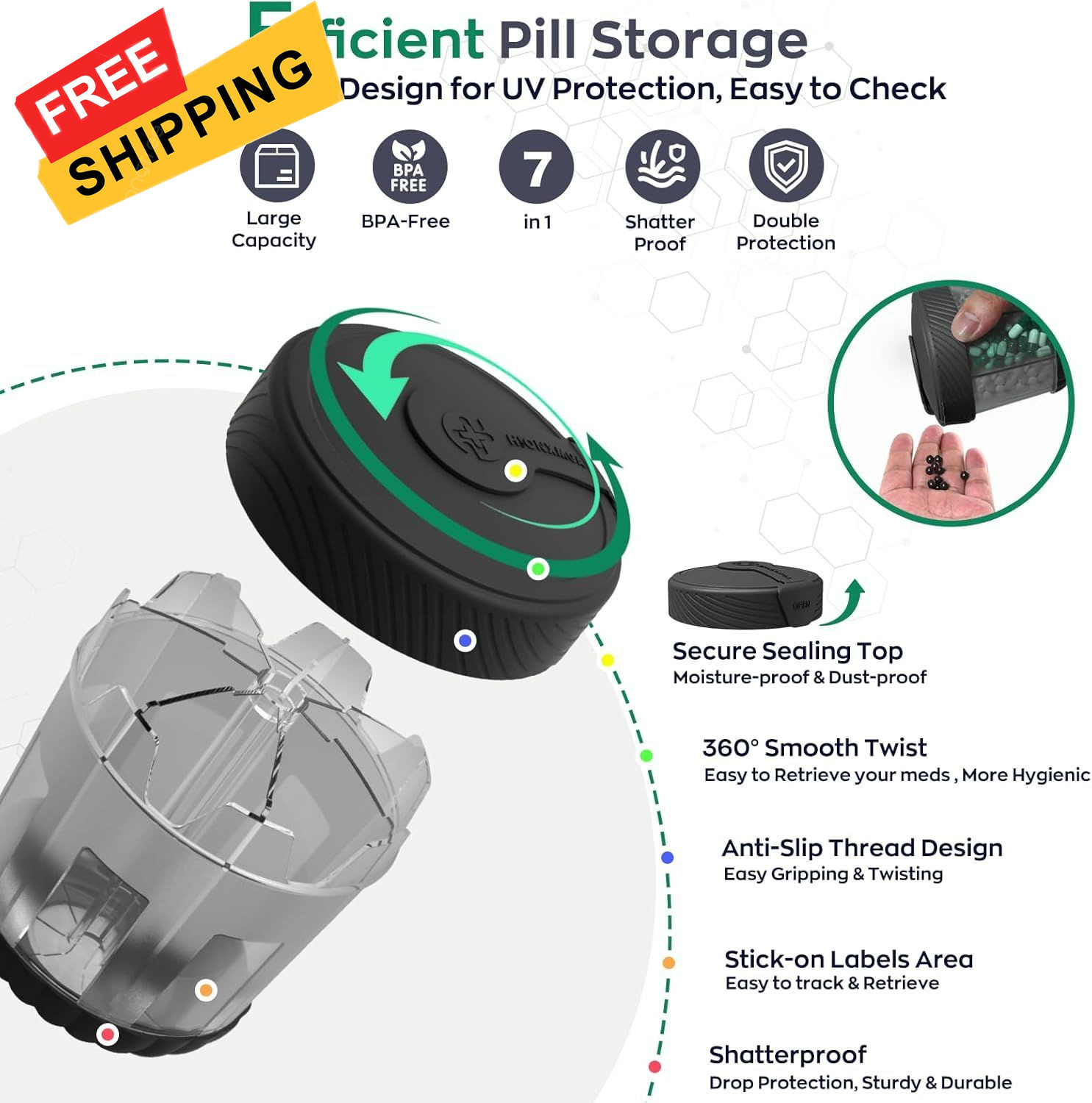 Large Pill Dispenser with 7 Compartments, Portable Bottle Black