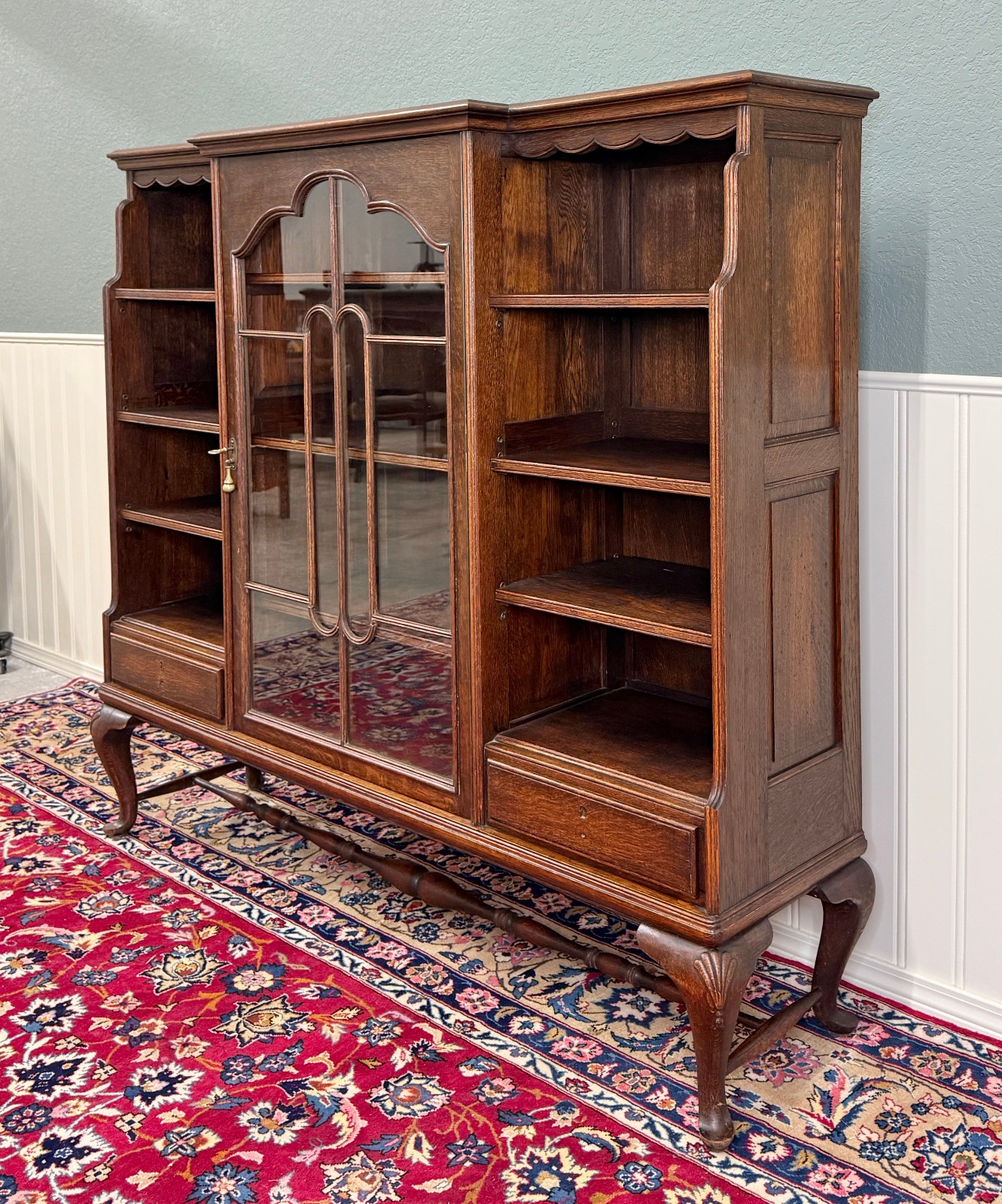 Antique English Bookcase Bookshelf Cabinet Glass Oak Queen Anne Legs 1920s-30s