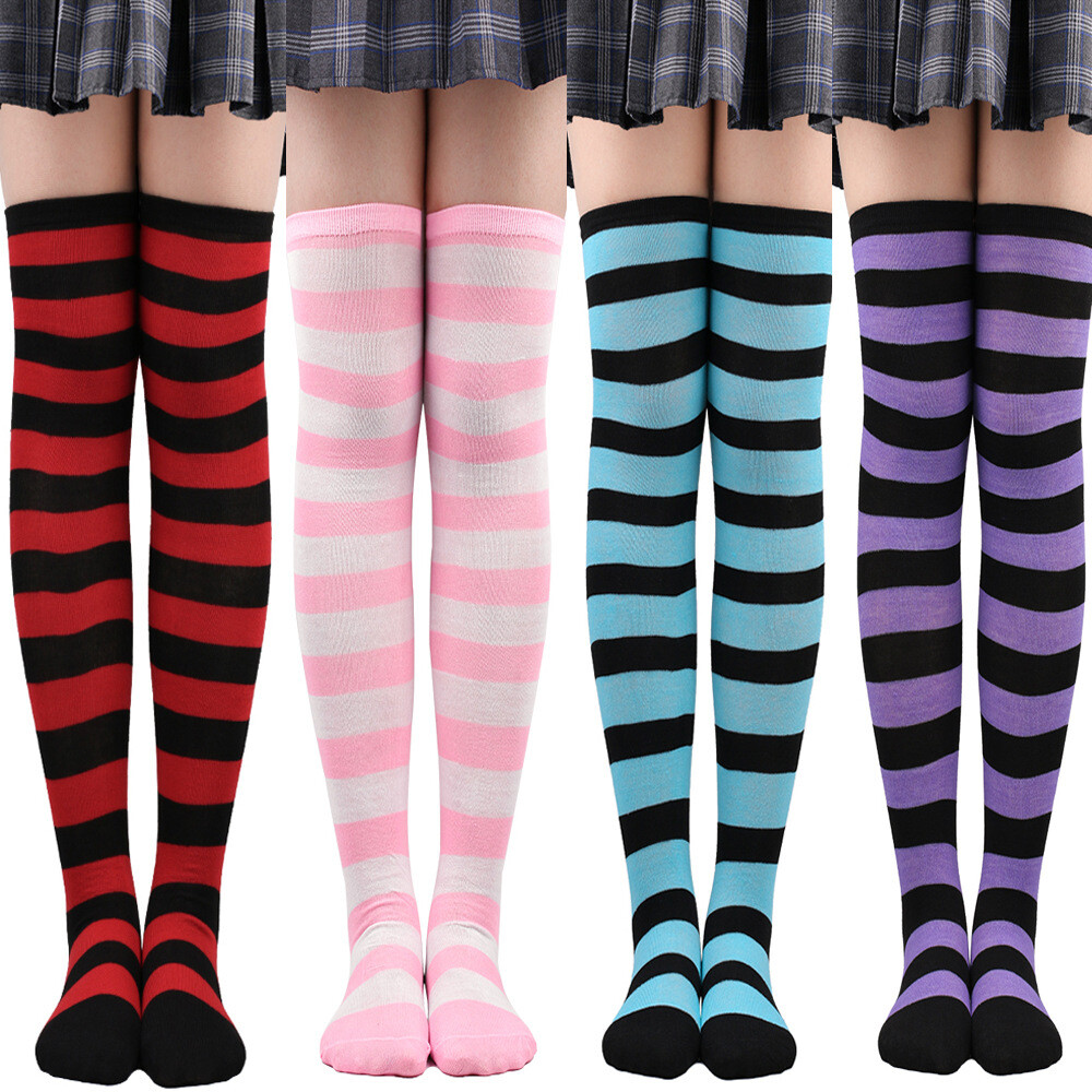 Women Girls Striped Long Socks Over The Knee Socks Thigh High Stockings Casual