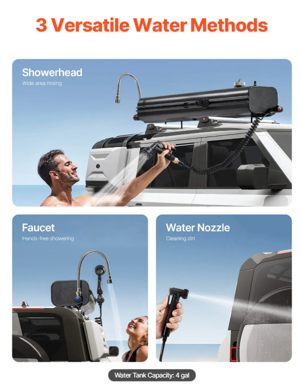 4.0 Gallon Self-Pressurized Water Tank for Camping Showers, Multiple Mounting