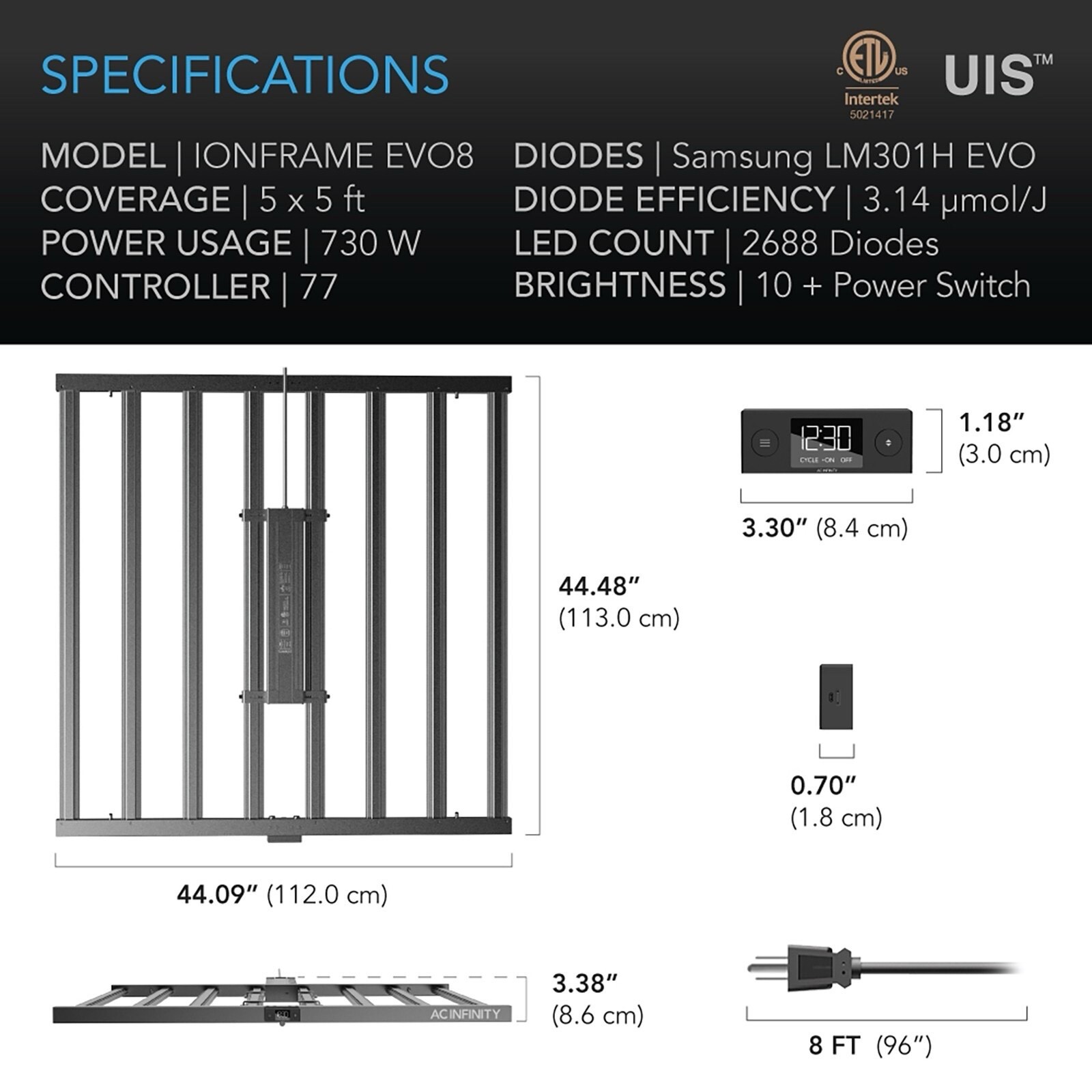IONFRAME EVO8, Samsung LM301H EVO Commercial Bar LED Grow Light, 730W, 5x5 ft.