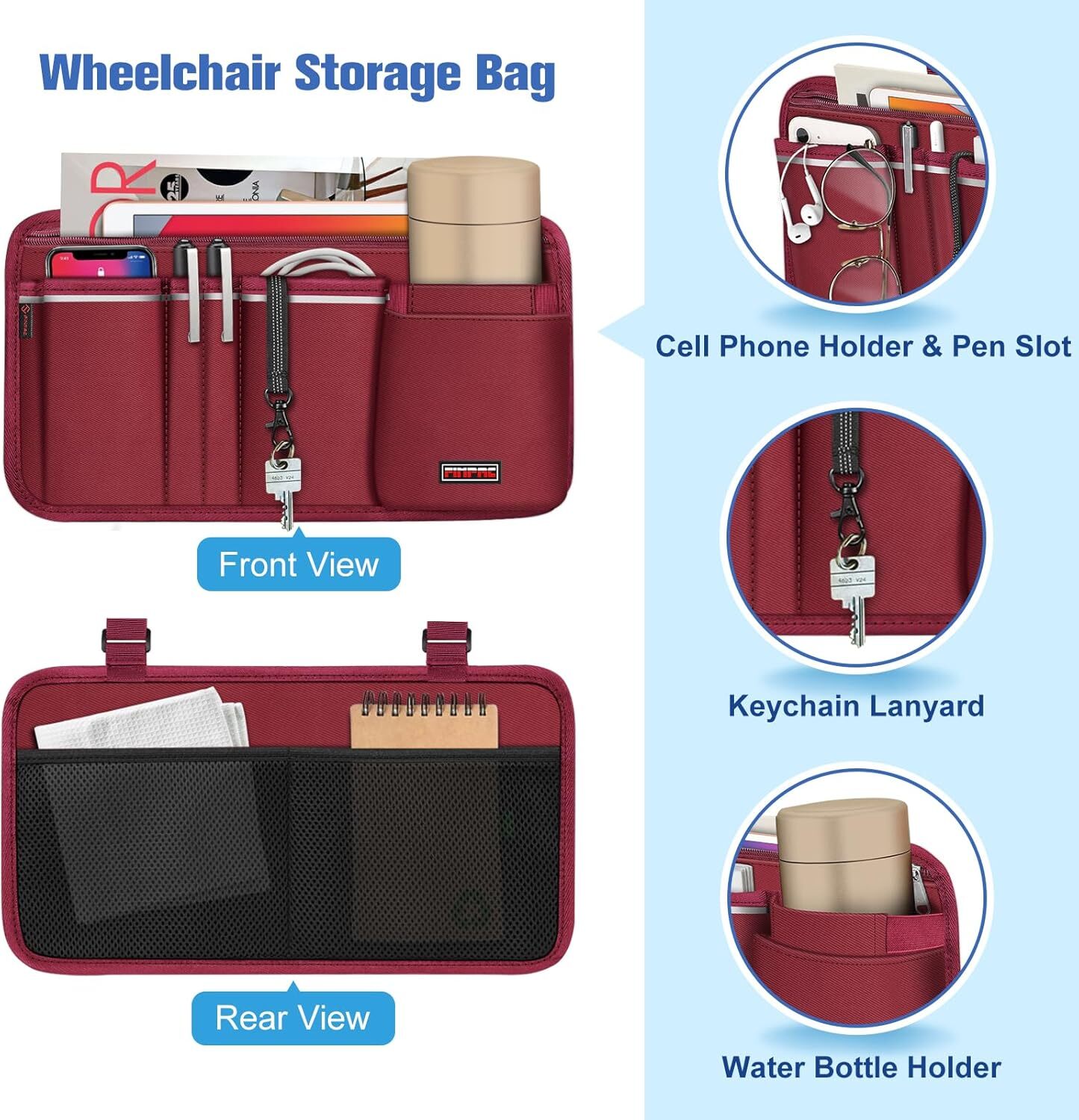 Wheelchair Side Storage Bag with Cup Holder for Power Wheelchairs, Walkers