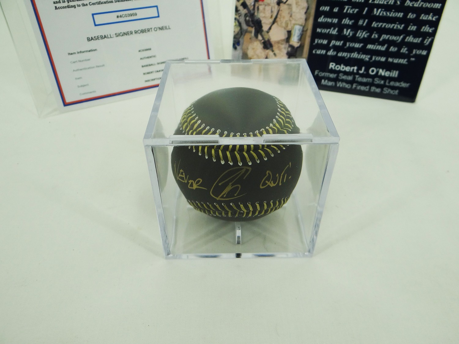 Robert O'Neill Signed Midnight Gold Baseball Inscribed “Never Quit” w/ PSA COA
