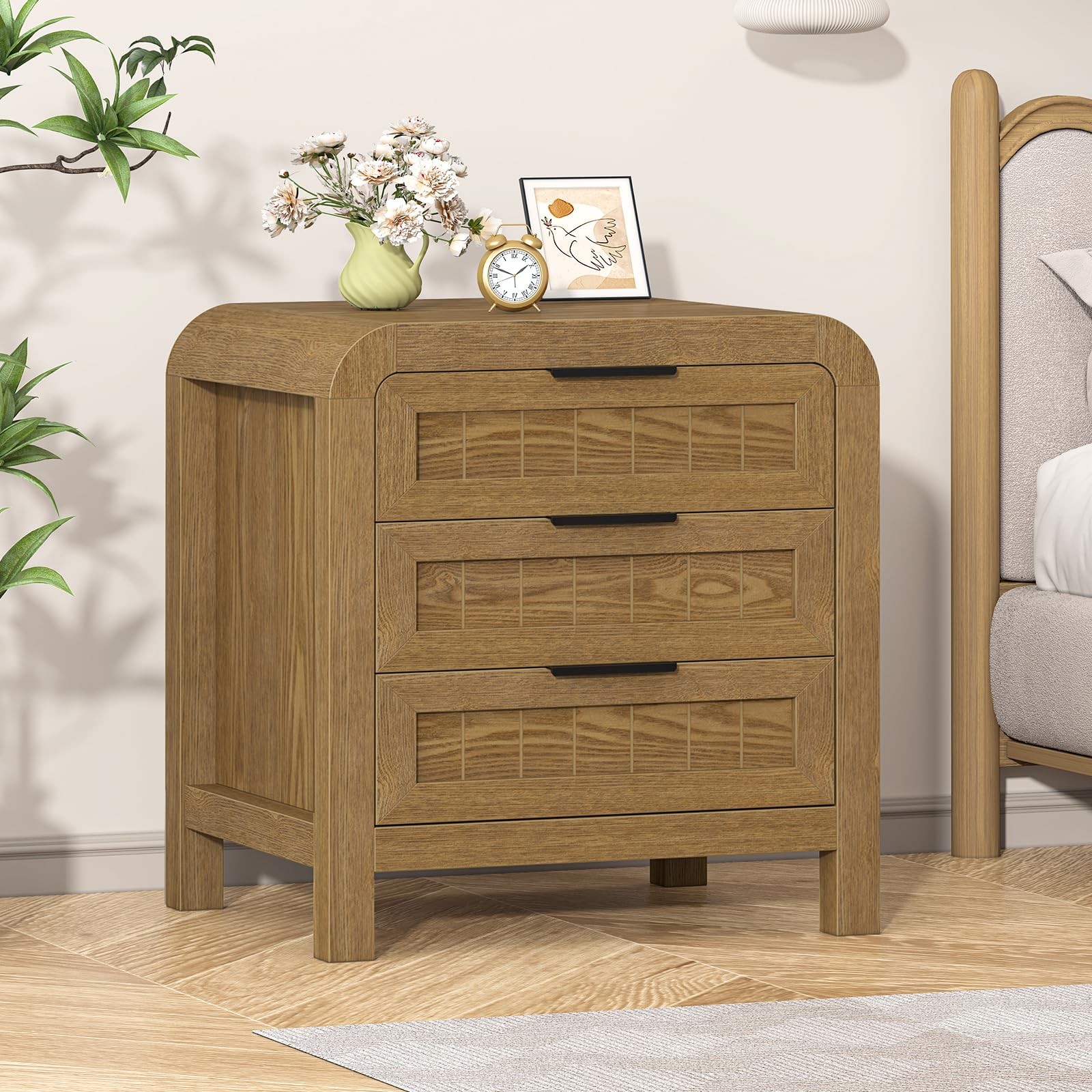 Curved NightStand Set of 2 with 3 Drawer 21" Solid Wood Nightstand