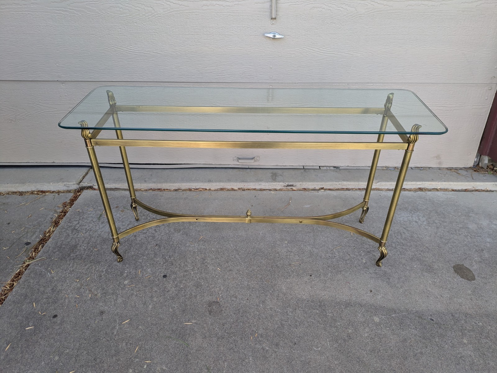 Vintage La Barge Style Glass Brass Console Table Flame Tip Hollywood Regency
