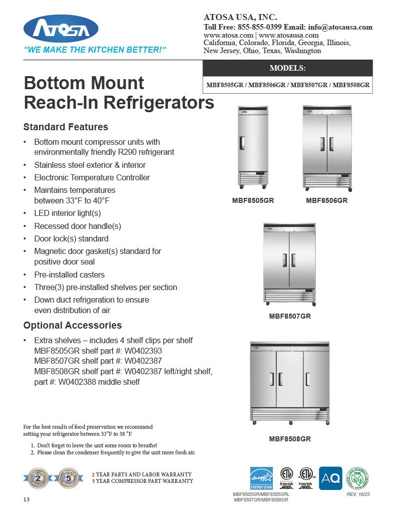 Atosa MBF8506GR 39.5" WIDE 2-Door REFRIGERATOR