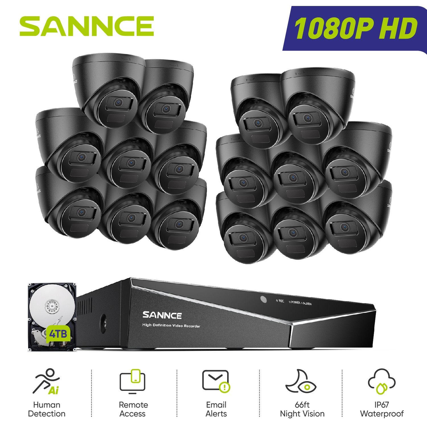 SANNCE 16CH 1080P Lite DVR 2MP Security Camera System Outdoor AI Human Detection