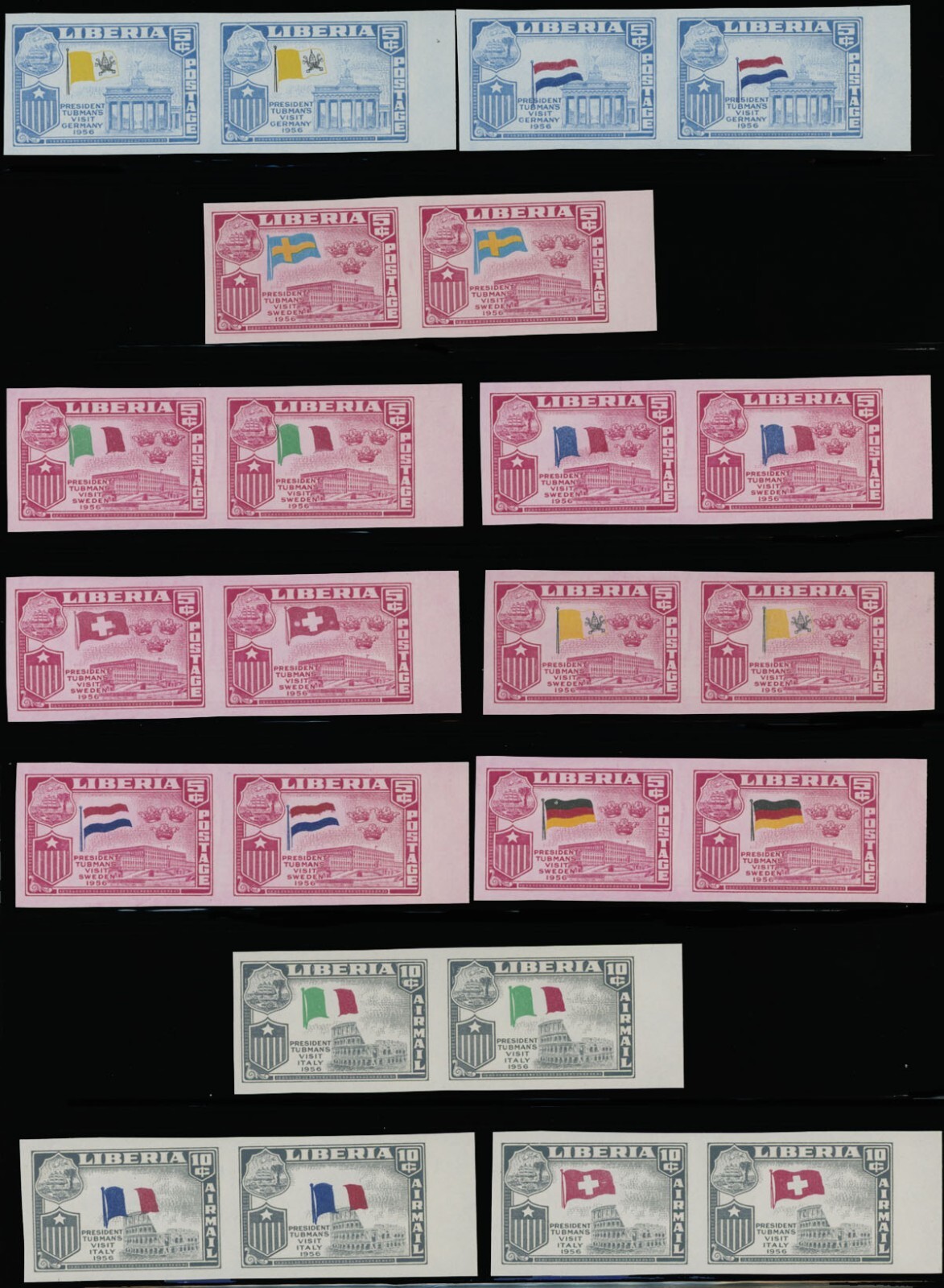 LIBERIA 1958 PRESIDENT'S VISITS 42 IMPERF PAIRS W/WRONG FLAGS SC#368-70, C114-17