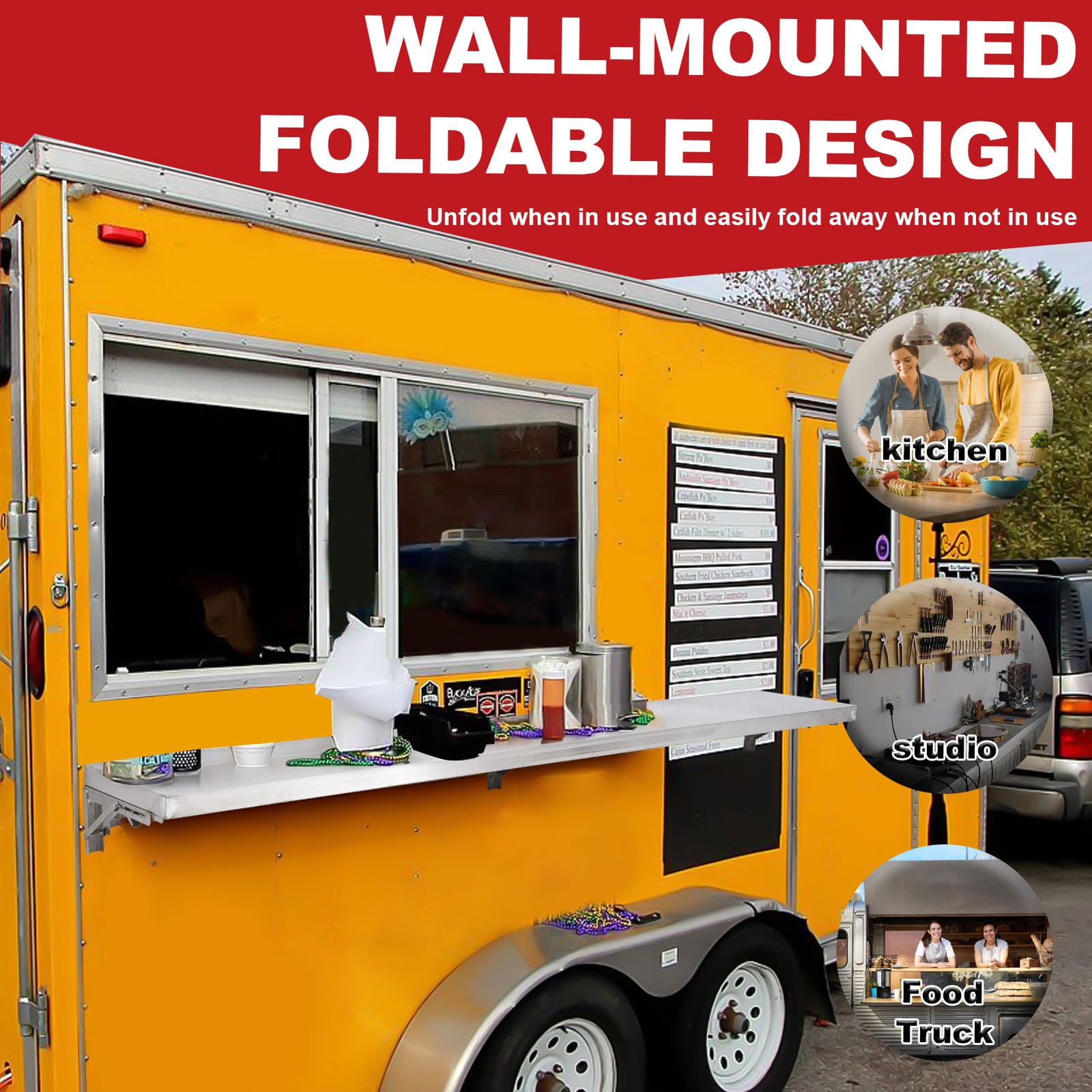 Folding Concession Shelf 70" x 12", Stainless Steel Drop Down Food Serving Stand